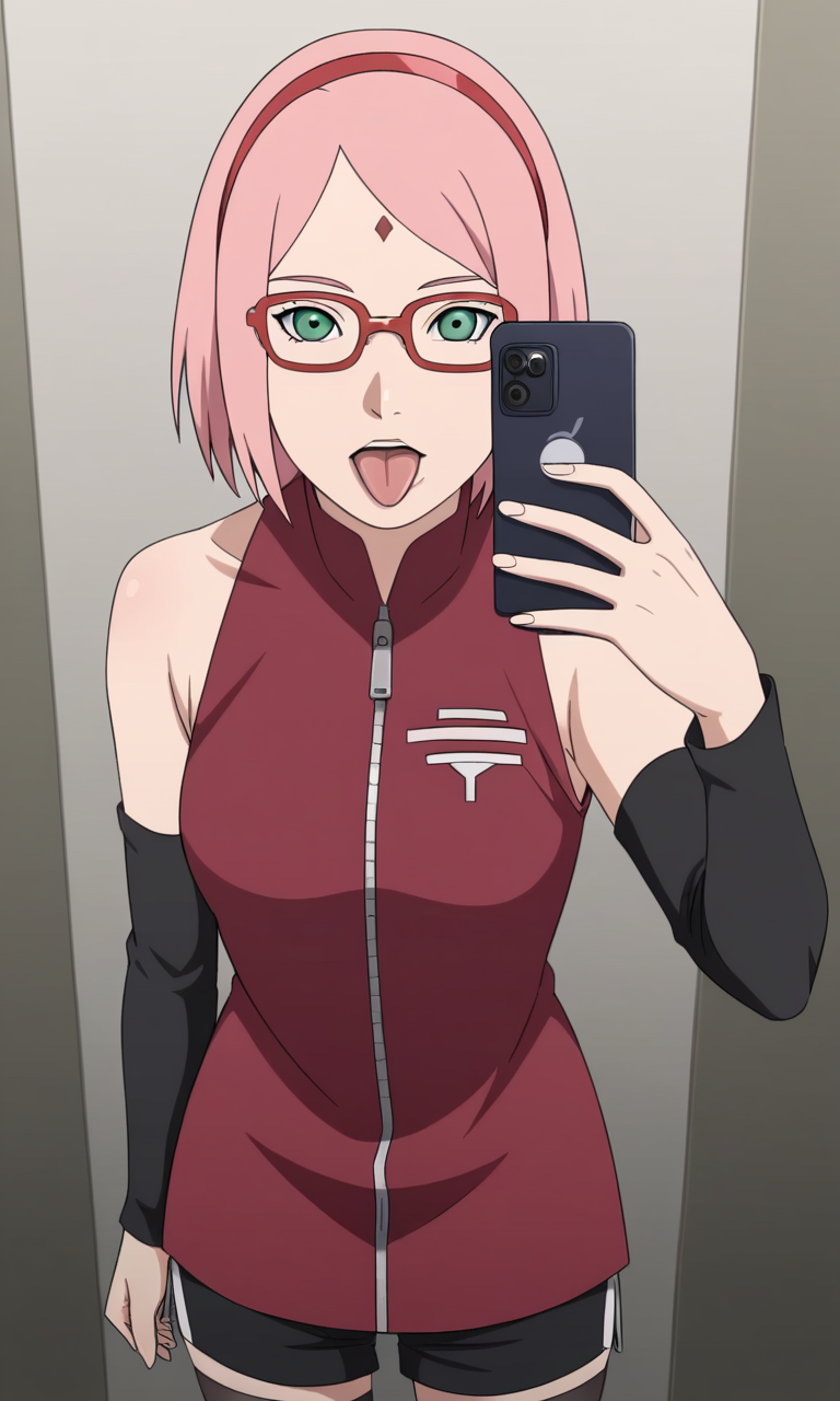 aged_up ai_generated ass bigmic145 boruto:_naruto_next_generations breasts detached_sleeves dress female female_only glasses medium_breasts naruto naruto_(series) pink_hair sakura_haruno sarada_uchiha sarada_uchiha_(cosplay) selfie short_hair shorts thighhighs trying_on_clothes