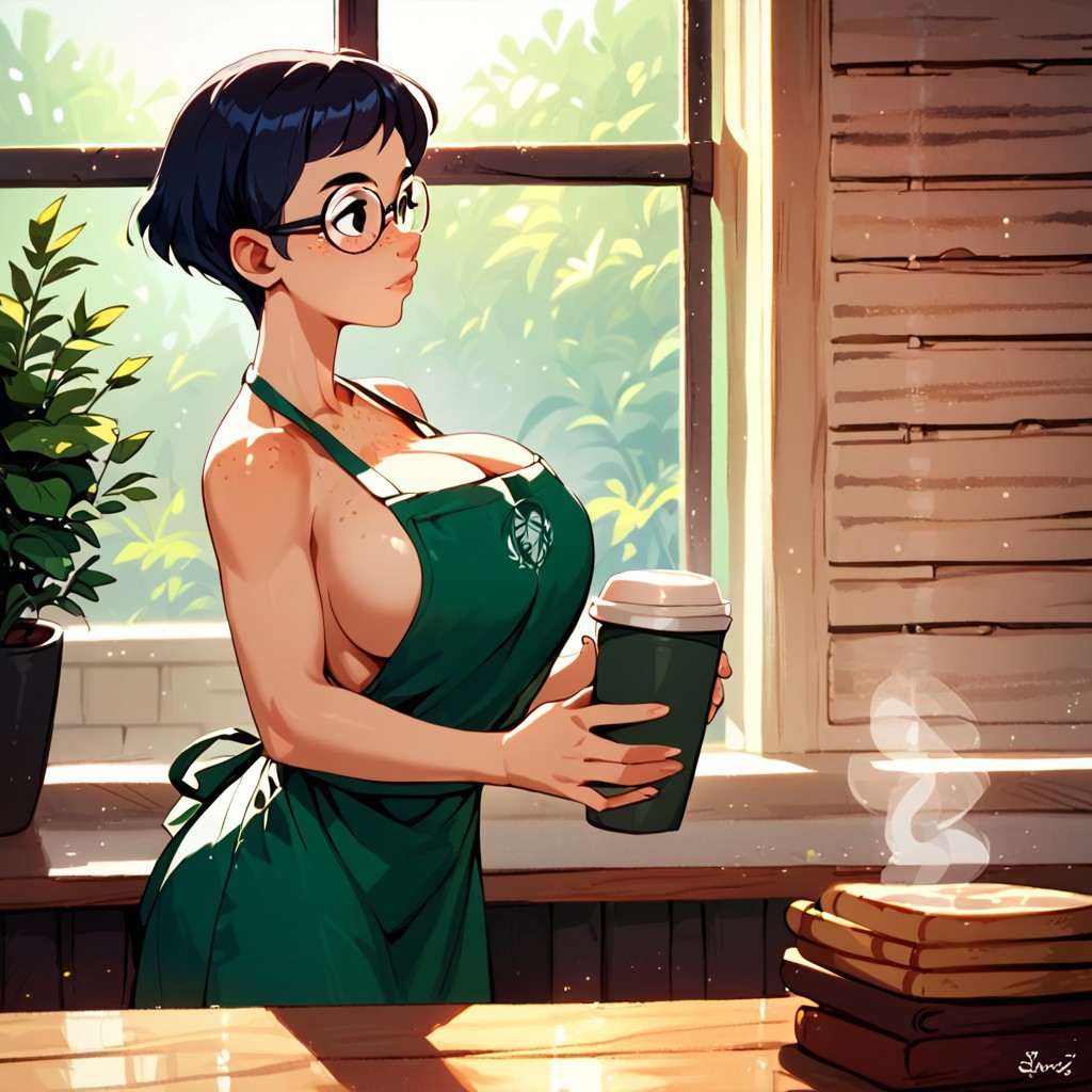 1girls ai_generated almost_naked apron apron_only barely_clothed barista big_breasts breasts breasts cafe carmen_sandiego_(2019) carmen_sandiego_(franchise) coffee coffee_cup coffee_shop cup female female female_focus female_only glasses huge_breasts julia_argent julia_argent_(carmen_sandiego) large_breasts mostly_nude naked_apron no_bra short_hair solo solo_female solo_focus standing zupern0va_(manipper)