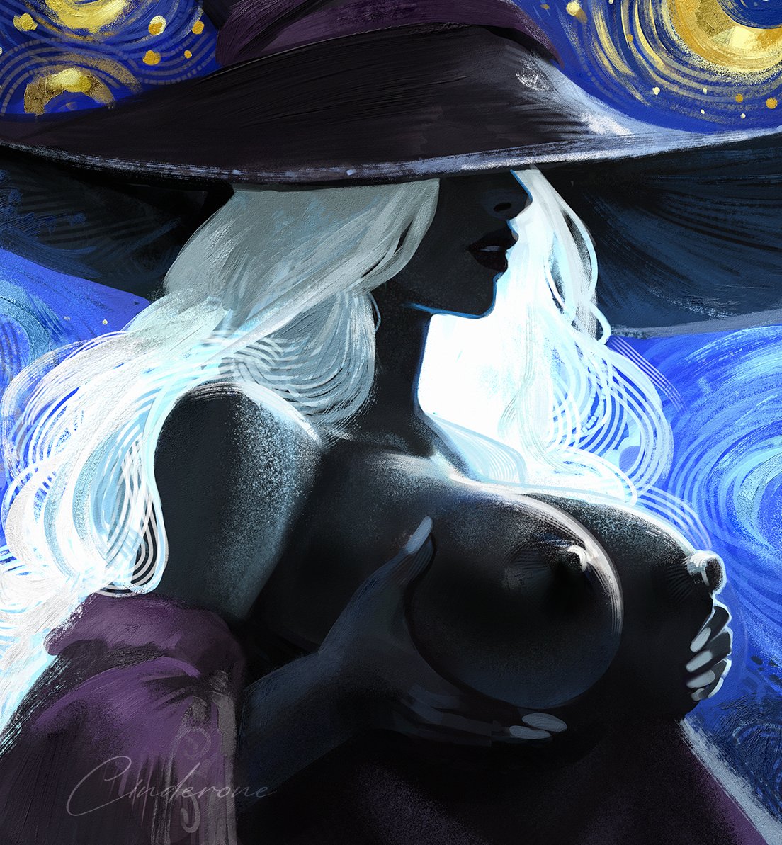 2025 big_breasts cinderone dark-skinned_female elden_ring elden_ring_nightreign fromsoftware holding_breast recluse_(nightreign) white_hair witch witch_hat