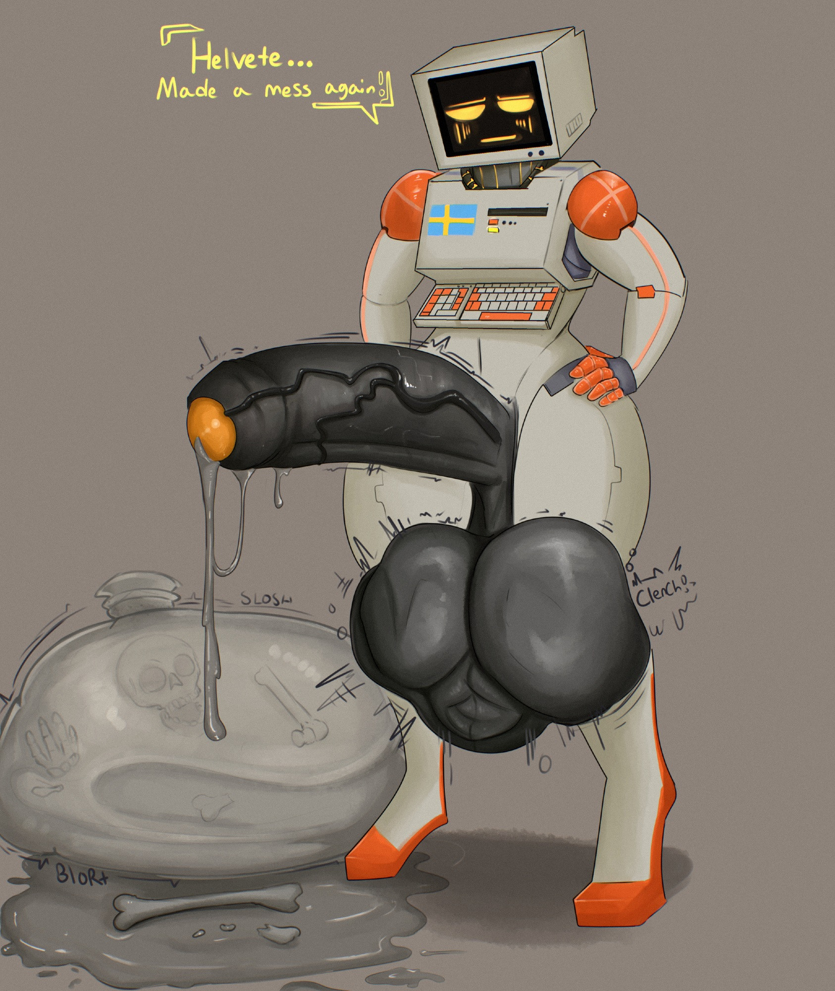 android, balls, ballsack, bones, cock vore, condom, cum digestion, digestion, disposal, fatal vore, femboy, human prey, hyper cock femboy, hyper genitalia, jaymesvore, machine, male only, robot, robot humanoid, simple background, speech bubble, sweden, swedish, vore