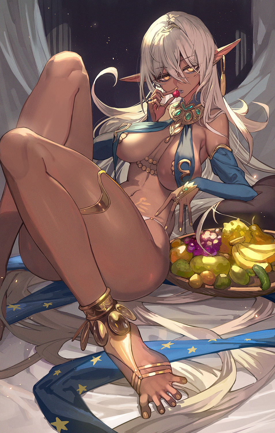 1girls absurdly_long_hair anklet arabian_clothes armpits banana bare_legs bare_shoulders barefoot barefoot_sandals_(jewelry) bed body_markings bowl breasts breasts_apart bridal_gauntlets caffeine-chan cherry commentary commentary_request curtains dark-skinned_female dark_elf dark_skin elf feet food fruit fruit_bowl gold_anklet gold_trim grapes hair_between_eyes hair_spread_out highres indoors jewelry lack long_hair looking_at_viewer lying medium_breasts midriff nail_polish navel night night_sky on_back on_bed original panties pear pillow pointy_ears retrousse_breasts revealing_clothes shiny_skin sideboob sky solo spread_toes star_(sky) star_(symbol) star_print starry_sky thick_thighs thighlet thighs toenail_polish toenails toes underboob underwear very_long_ears very_long_hair white_hair white_panties yellow_eyes yellow_nails