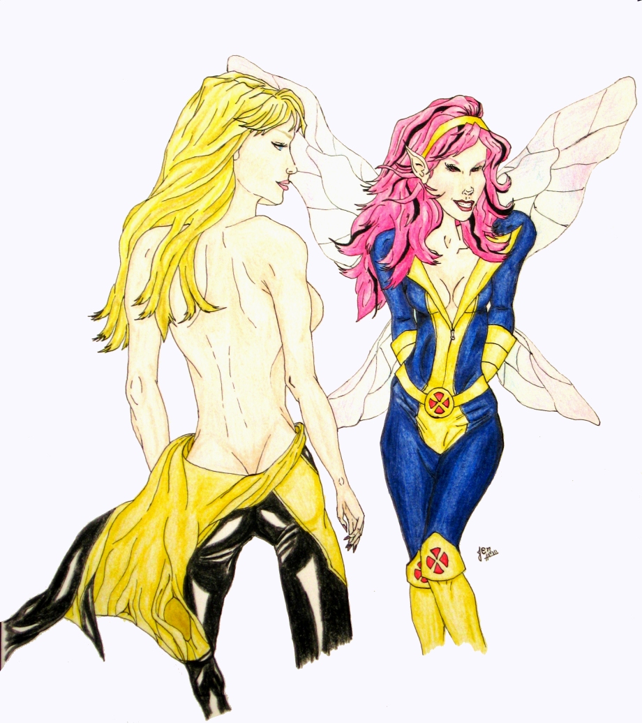 arms_behind_back blonde_hair cleavage magik_(illyana_rasputin) marvel medium_breasts megan_gwynn new_mutants new_x-men pink_hair pixie_(x-men) pointy_ears small_breasts smooth_skin topless undressing wings x-men