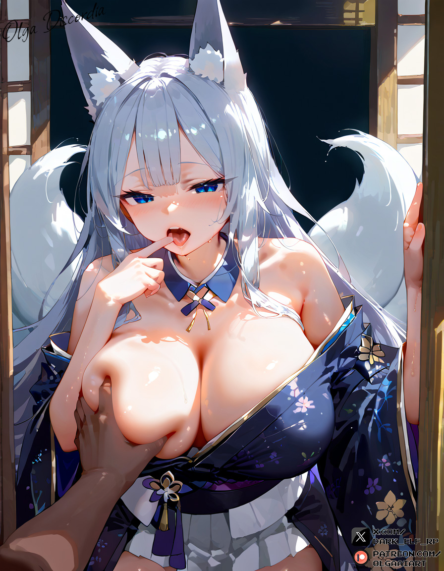 ai_generated azur_lane blue_eyes female female_focus fox fox_ears fox_girl fox_humanoid fox_tail foxgirl huge_ass huge_breasts japanese_clothes japanese_clothing kimono kimono_lift kimono_pull kitsune large_ass large_breasts open_mouth priest self_upload sexy shinano_(azur_lane) tongue tongue_out white_hair