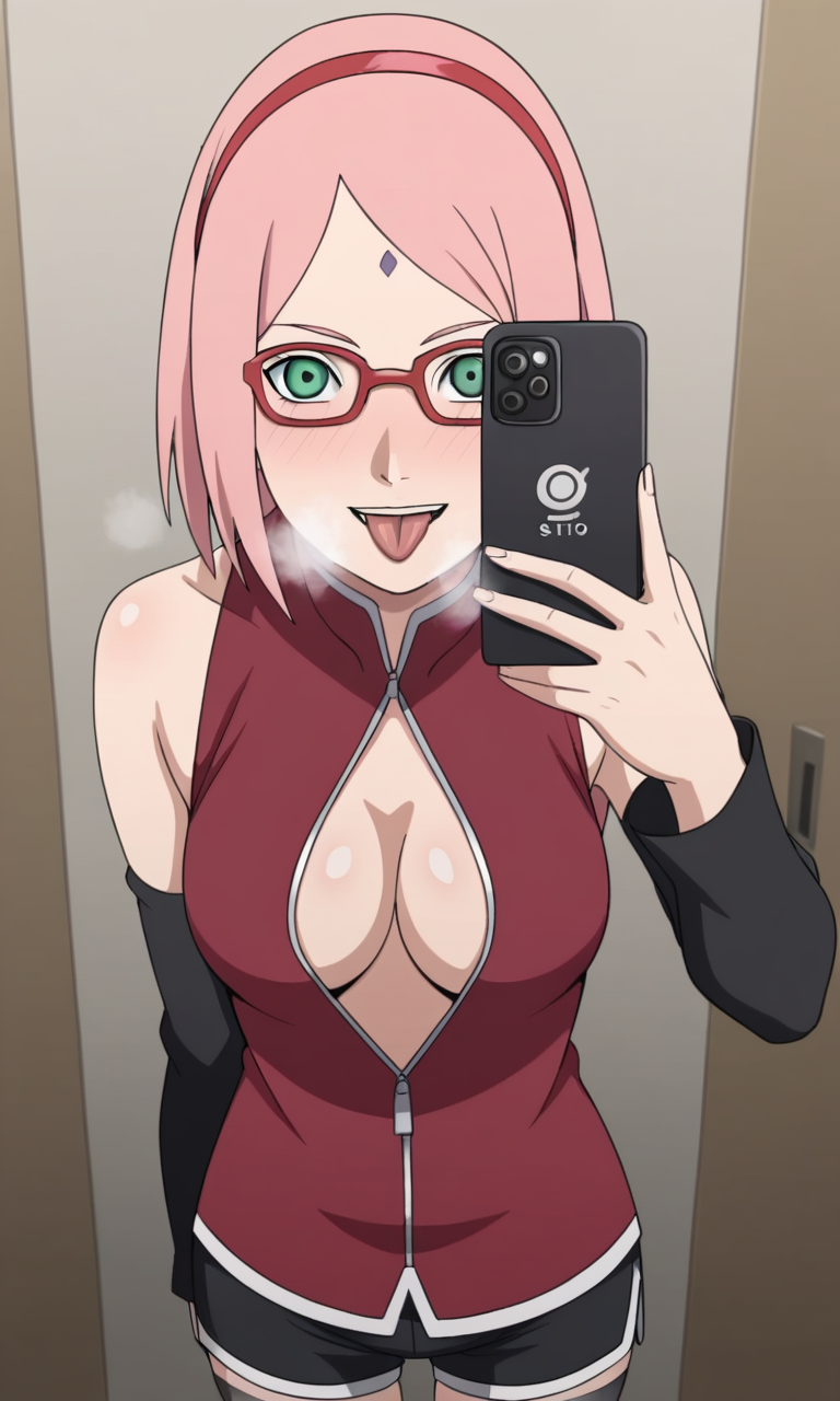 aged_up ai_generated ass bigmic145 boruto:_naruto_next_generations breasts detached_sleeves dress female female_only glasses medium_breasts naruto naruto_(series) pink_hair sakura_haruno sarada_uchiha sarada_uchiha_(cosplay) selfie short_hair shorts strip_tease stripping tease teasing thighhighs trying_on_clothes