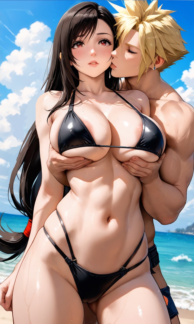 ai_generated bikini breasts breasts cloud_strife final_fantasy_vii grabing_breasts grabing_from_behind kissing tifa_lockhart two_piece_swimsuit