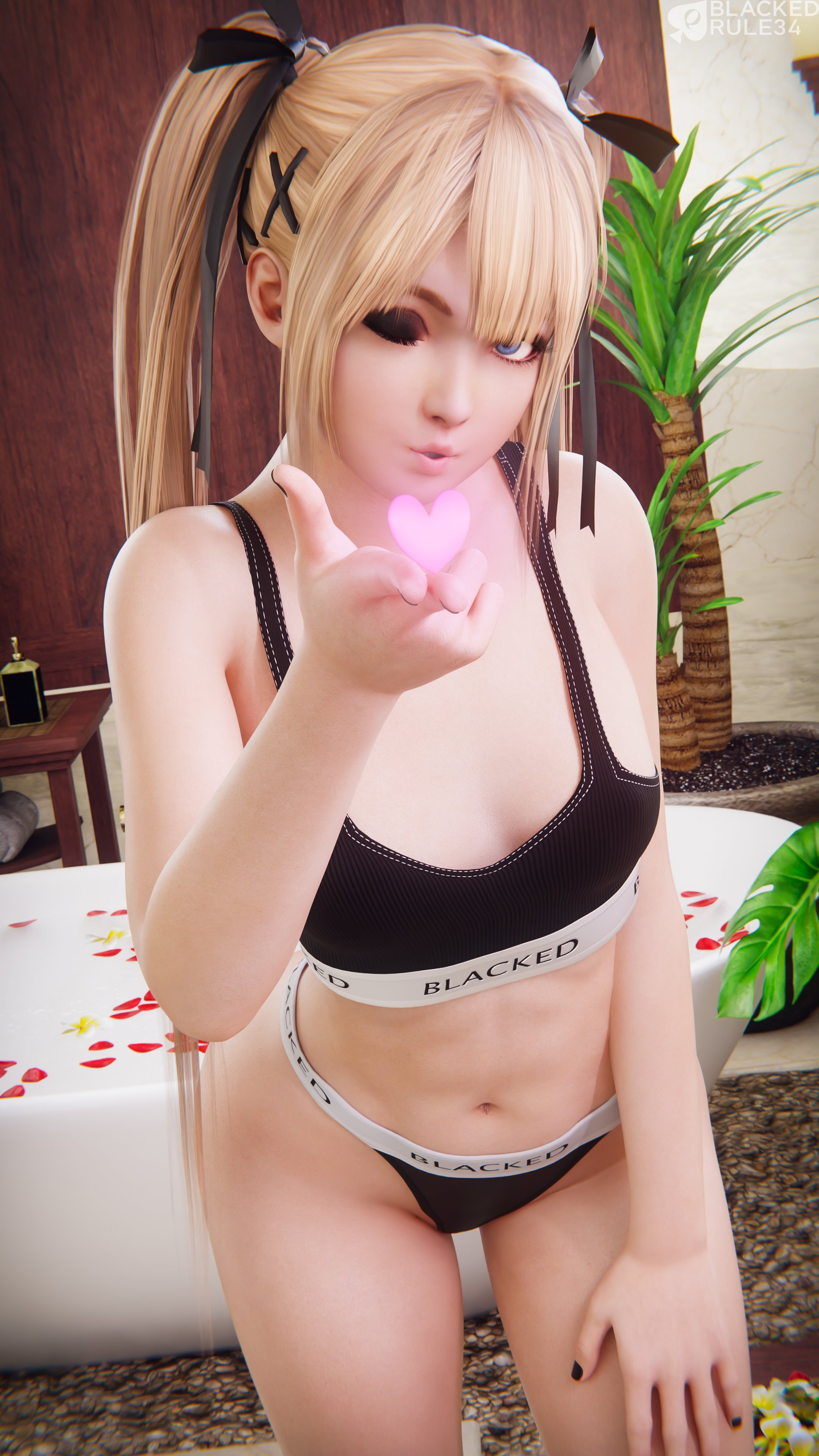 1girls, 3d, black nails, blacked, blacked clothing, blackedr34, blonde female, blonde hair, blowing kiss, blue eyes, dead or alive, female, female focus, female only, hair ribbon, heart, heart symbol, looking at viewer, marie rose, painted nails, petite, ribbon, solo, solo female, solo focus, twintails, wink
