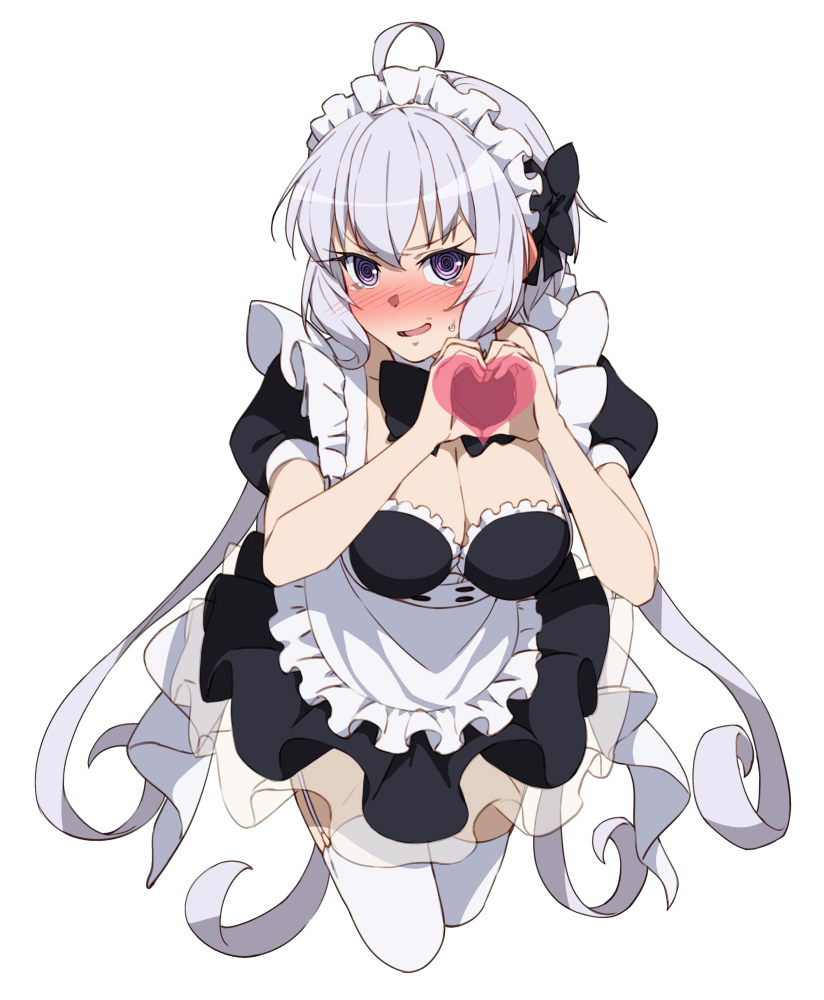 1girls ahoge blush breasts cleavage embarrassed enmaided female heart heart_hands large_breasts lavender_hair long_hair looking_at_viewer maid maid_headdress maid_outfit open_mouth purple_eyes senki_zesshou_symphogear simple_background smile solo tears thighhighs tsukamoto_kensuke white_background white_thighhighs yukine_chris