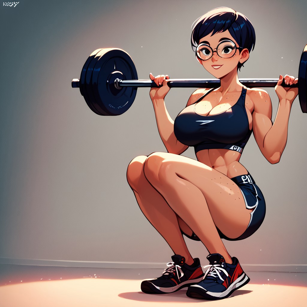 1girls abdominal_muscles ai_generated bare_arms breasts breasts carmen_sandiego_(2019) carmen_sandiego_(franchise) cleavage clothing crop_top exposed_shoulders female female female_focus female_only glasses gym gym_bottomwear gym_clothes gym_clothing gym_shorts gym_topwear gym_uniform huge_breasts julia_argent julia_argent_(carmen_sandiego) large_breasts lifting_weights muscular muscular_female short_hair shorts smile solo solo_female solo_focus sports_bra sportswear squatting squatting_position working_out zupern0va_(manipper)