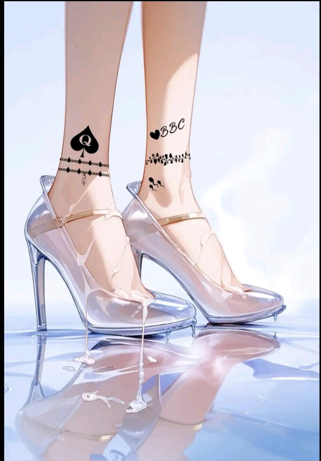 cum, cum in heels, cum in shoe, cum wearing (shoes), feet, feet focus, feet only, foot fetish, foot focus, footwear, glass, heels, high heels, qos, qos tattoo, queen of spades, reflection