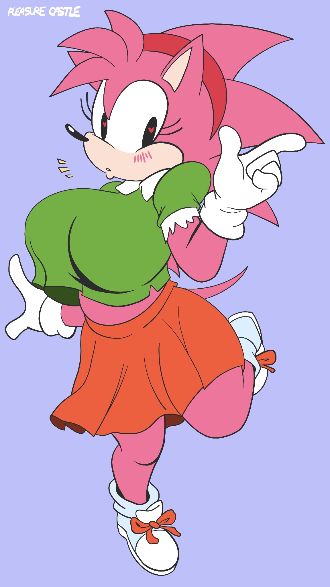 amy rose, anthro, breasts, classic amy rose, edit, fakeryway, female, female only, furry, heart-shaped pupils, huge breasts, loose clothes, pleasure castle, sega, simple background, skirt, sonic (series), sonic cd, sonic the hedgehog (series)