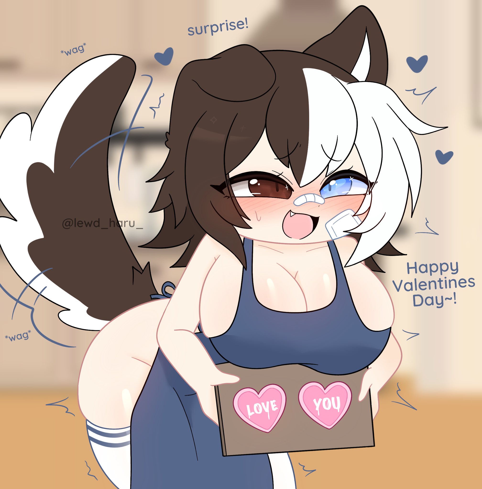 :d, adorable, adorable face, apron, bent forward, big breasts, blush, breasts, dog ears, dog girl, dog tail, female, female only, gacha, gacha club, happy, hearts around head, lewd haru (artist), nude underneath, sweet, tail wagging, wholesome