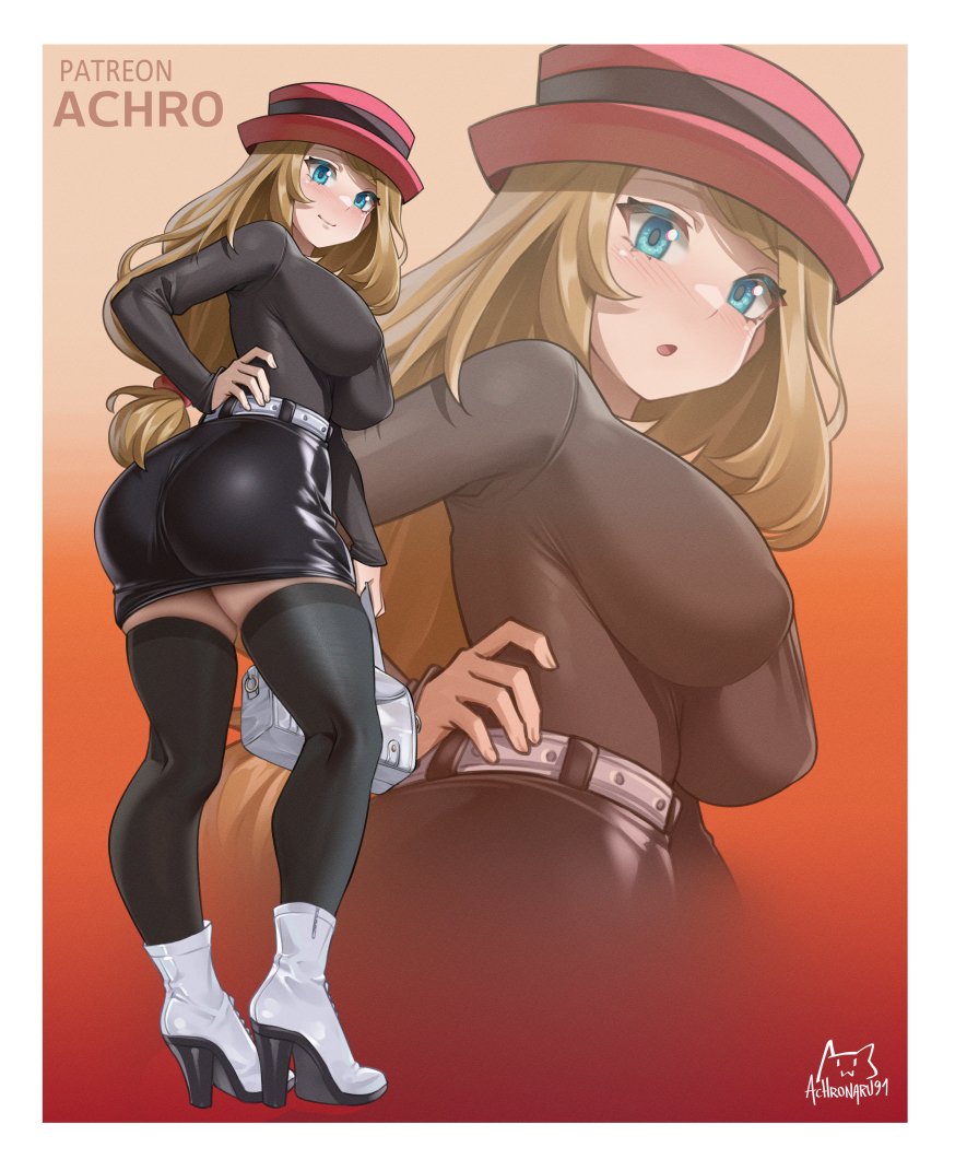 1girls, achromaru, ass, breasts, female, female focus, female only, high heels, large ass, large breasts, light skin, light-skinned female, looking at viewer, looking back, nintendo, pokemon, serena (pokemon), skirt, solo, thighhighs, thighs, tight clothing