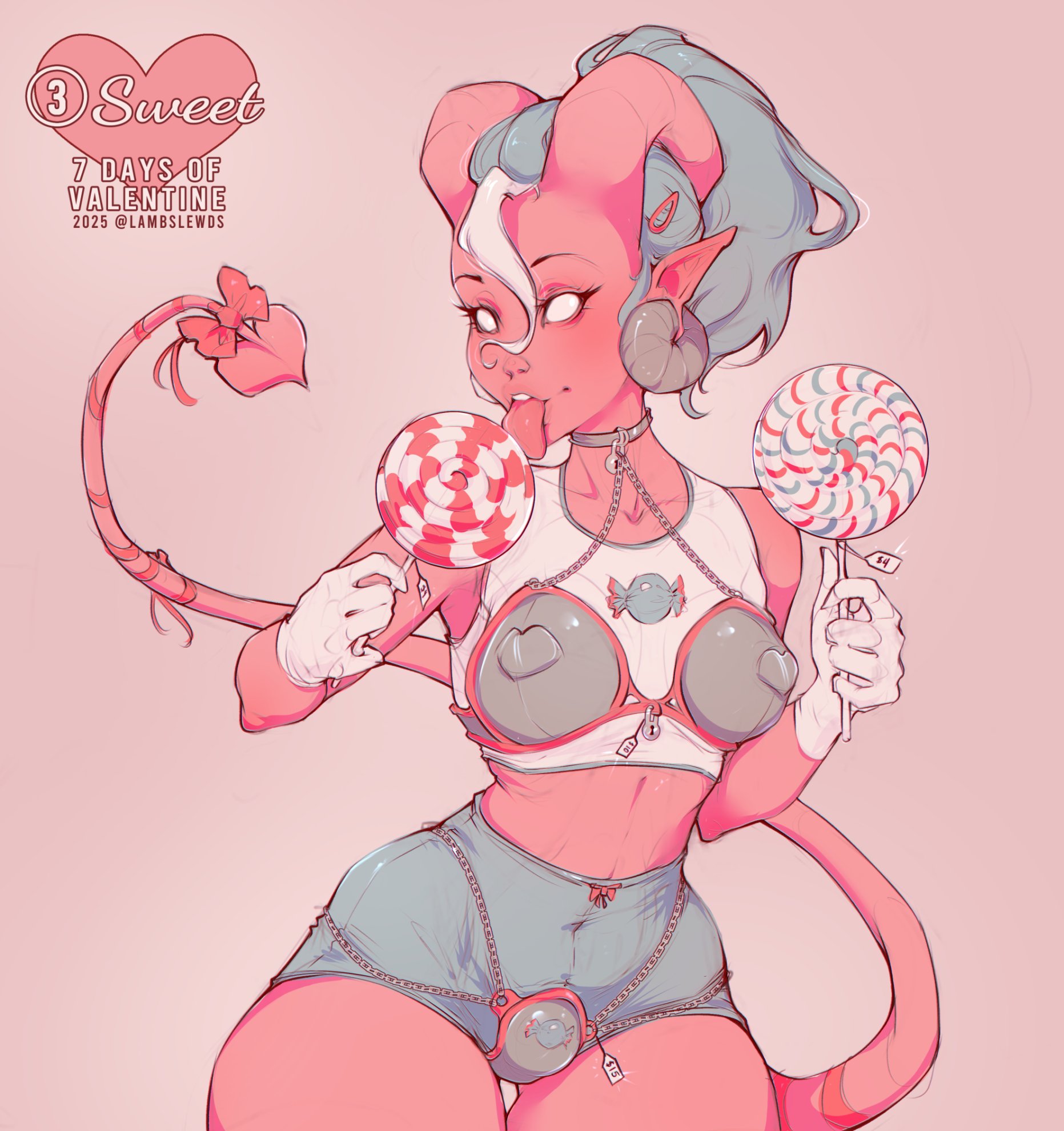 1girls, candy, chastity belt, chastity bra, chastity device, collar, demon, demon girl, demon tail, female, female chastity, female only, femsub, fully clothed, gloves, lambslewds, lollipop, pointy ears, tail, tongue, tongue out