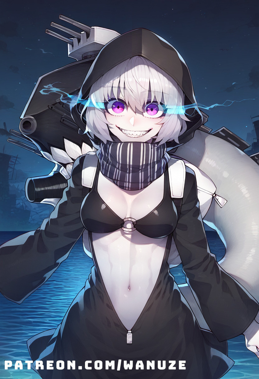 abyssal_ship ai_generated big_ass big_butt big_thighs blush evil_smile glowing_eyes huge_ass huge_butt huge_thighs medium_breasts pale-skinned_female pale_skin purple_hair sharp_teeth small_breasts standing tail wanuze white_hair wide_hips