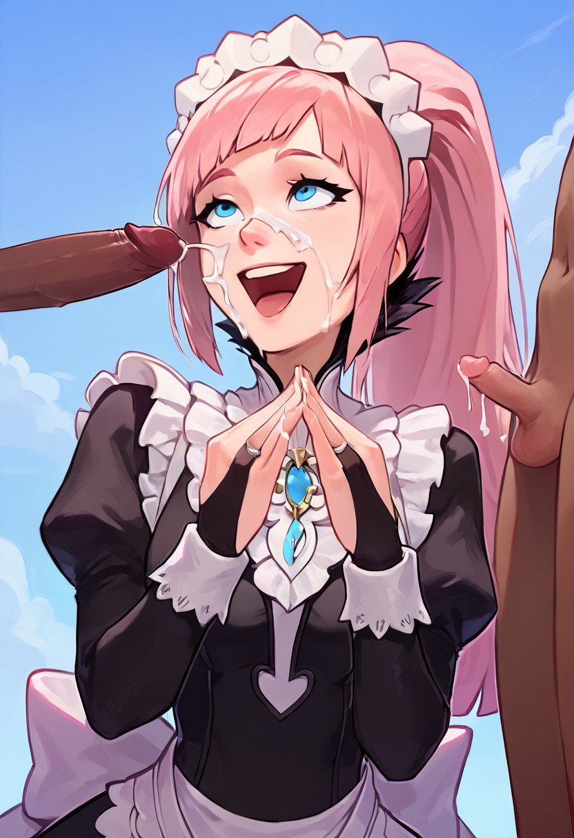 1girls 2boys ai_generated blue_eyes cuckold cuckolding cum cum_on_face dark-skinned_male felicia_(fire_emblem) female fire_emblem fire_emblem_fates fire_emblem_heroes happy headwear humiliation interracial light-skinned_male looking_at_partner maid maid_headdress maid_outfit maid_uniform netorare nintendo ntr penis penis_size_comparison penis_size_difference pink_hair ponytails self_upload size_comparison size_difference small_penis small_penis_humiliation tagme tiny_penis women