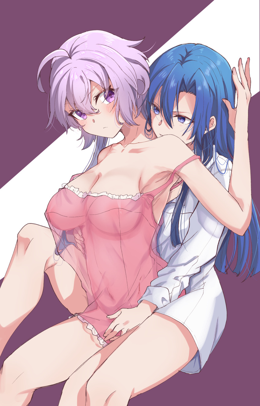 2girls blue_eyes blue_hair dress_shirt female girls_only kazanari_tsubasa lavender_hair lingerie multiple_girls navel nightgown purple_eyes see-through_clothing see-through_shirt senki_zesshou_symphogear shirt simple_background underwear yukine_chris yuri