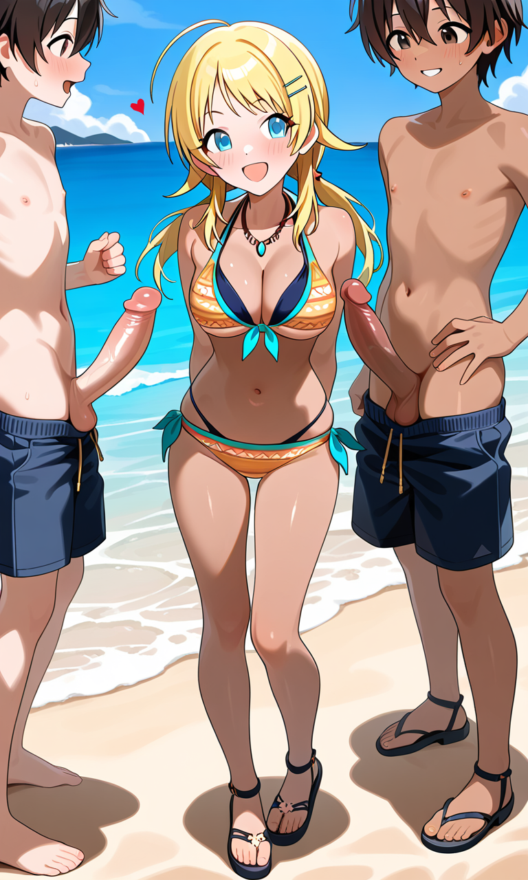 2boys ai_generated beach bikini double_bikini erect_penis female hachimiya_meguru hands_behind_back happy heart idolmaster idolmaster_shiny_colors imminent_sex large_breasts navel open_mouth outdoor penis self_upload smile stable_diffusion standing swimming_trunks twintails uncensored