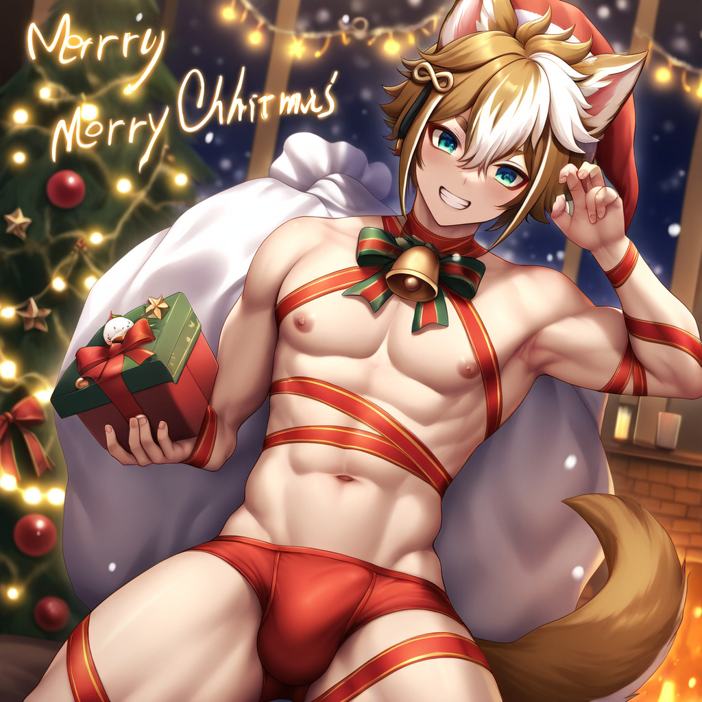 1boy ai_generated bell_collar bulge christmas christmas_present christmas_tree dog_boy dog_ears dog_tail genshin_impact gift gift_box gift_wrapped gorou_(genshin_impact) male male_focus male_only muscular muscular_male santa_hat solo_male speedo toned toned_body toned_male wrapped