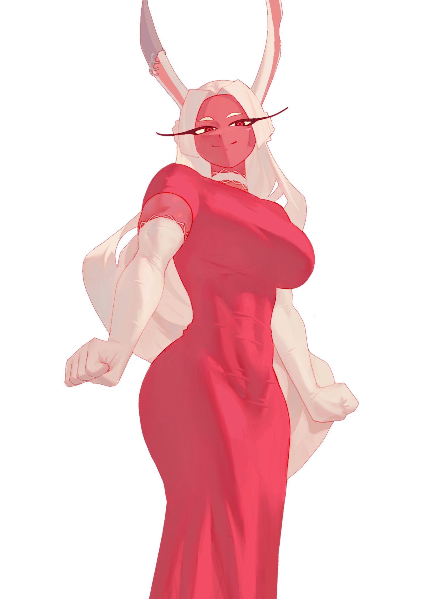 1girls, abs, bare shoulders, big breasts, breasts, bunny ears, bunny girl, clothed, clothing, color, dark skin, dark-skinned female, dress, female, female focus, female only, fit, fit female, hi res, large breasts, long hair, looking at viewer, miruko, muscles, muscular, muscular female, my hero academia, rebigaki art, red eyes, rumi usagiyama, solo, solo female, tagme, thick thighs, white hair, yknivel