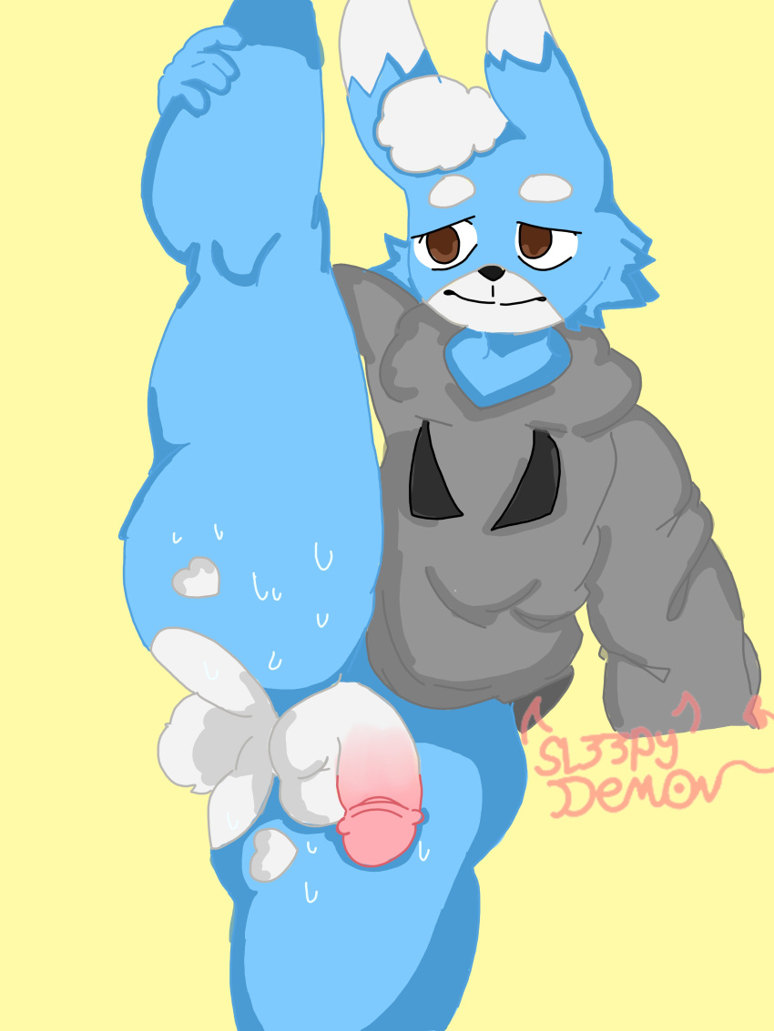 anthro ass bodily_fluids bulge clothed clothing detailed_bulge flaccid genital_outline genitals hoodie lagomorph leg_grab leporid male mammal mark_(sl33py_demon) partially_clothed penis penis_outline rabbit raised_leg scut_tail short_tail sl33py_demon sweat sweatdrop sweaty_butt sweaty_genitalia sweaty_legs sweaty_thighs tail topwear