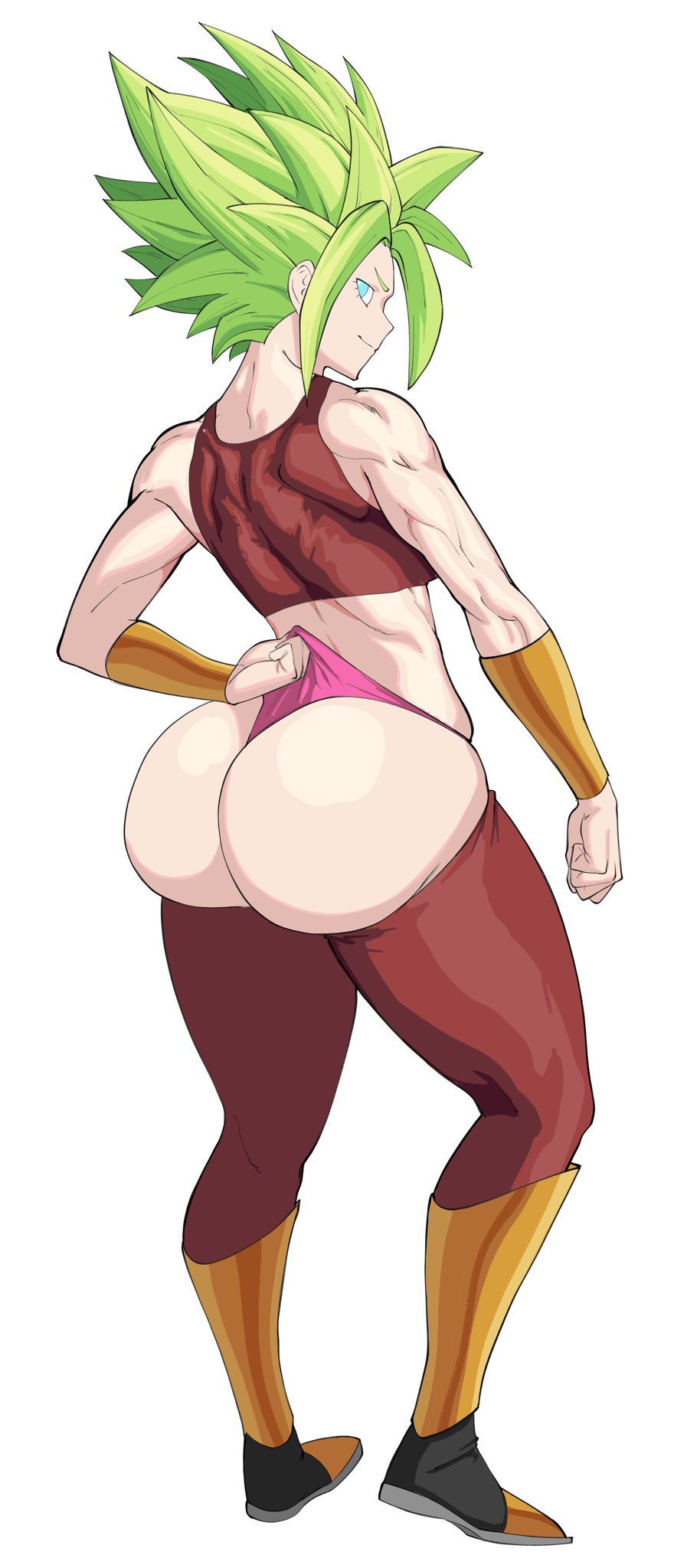 1girls ass big_ass blue_eyes bottom_heavy bubble_butt crop_top dat_ass dragon_ball dragon_ball_super fat_ass female female_only female_saiyan fusion green_hair huge_ass kefla large_ass looking_at_viewer looking_back octavius_dp panties pants pants_down saiyan solo thick_ass thick_thighs white_background wide_hips