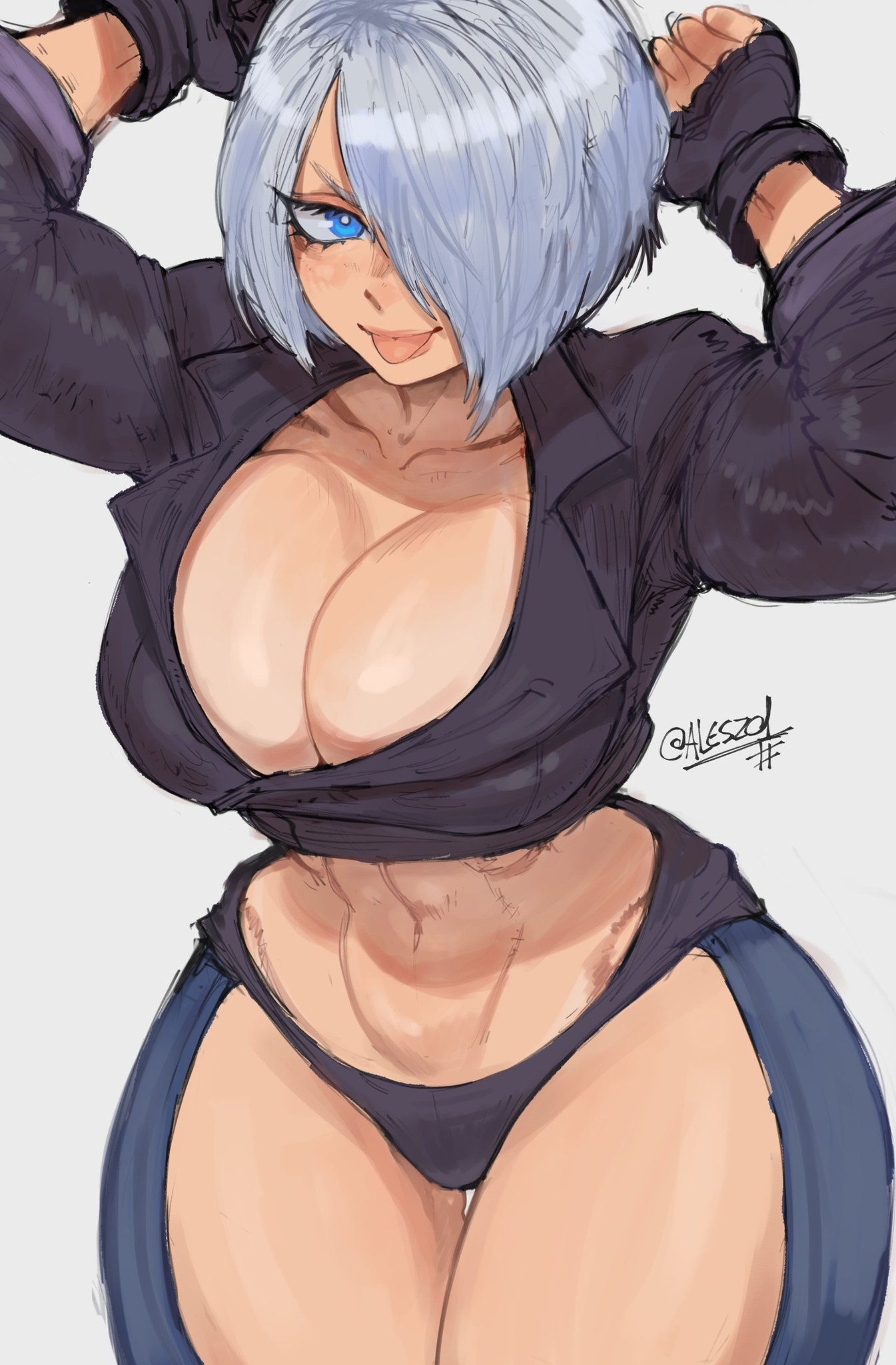 1girls, abs, al3s, angel (kof), big breasts, blue eyes, breasts, clothed, clothing, color, female, female focus, female only, fit, fit female, hi res, king of fighters, large breasts, light skin, light-skinned female, looking at viewer, muscles, muscular, muscular female, panties, short hair, solo, solo female, tagme, thick thighs, white hair