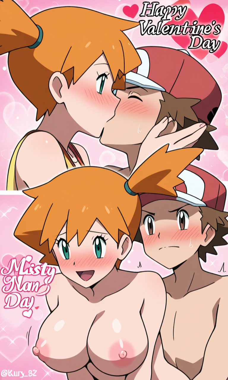 1boy 1boy1girl 1girls ai_generated big_breasts breasts kasumi_(pokemon) misty_(pokemon_frlg) pkm_red1997 pokemon pokemon_frlg pokemon_rgby red_(pokemon) valentine