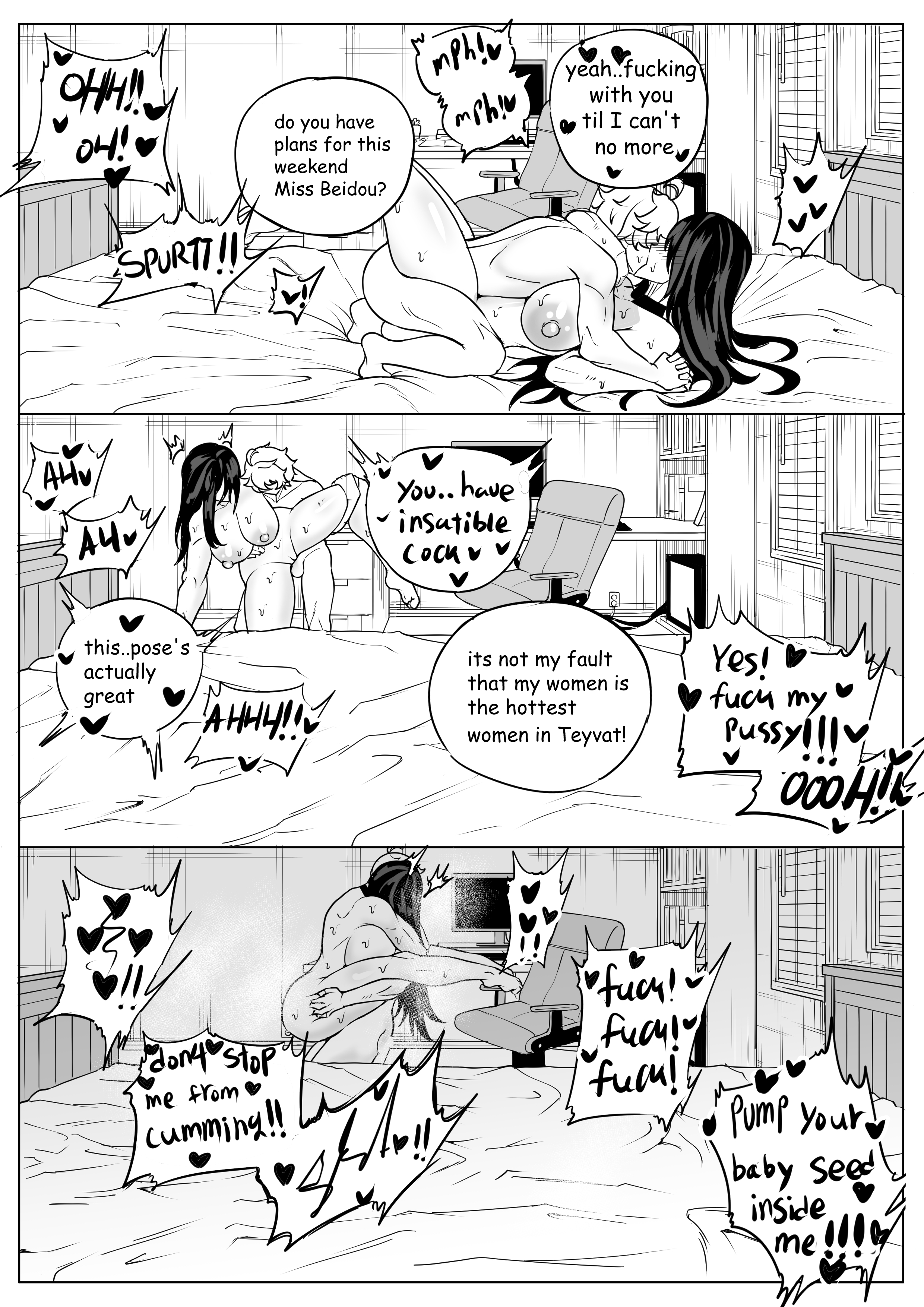 1boy, 1girls, accessory, aether (genshin impact), age difference, arm around another, arm around neck, arm around partner, arm behind, arm behind anothers head, arm behind head, arms, asking, asking another, asking for creampie, asking for it, ass, ass grab, ass grab (another), ass grab from front, ass grabbed, ass grabbing, bed, bed sex, bedroom, bedroom setting, bedroom sex, behind, behind another, beidou (genshin impact), bent forward, bent over, big breasts, big nipples, bigger female, bigger penetrated, black and white, blush, blush lines, blushing at another, blushing at partner, blushing face, blushing female, blushing lines, blushing male, breasts, butt grab, carrying, carrying another, carrying character, carrying partner, carrying person, carrying position, carrying sex, chair, choker, cock in vagina, completely naked, completely naked female, completely naked male, completely nude, completely nude female, completely nude male, computer, computer chair, computer monitor, computer screen, cum, cum in pussy, cum in vagina, cum inside, cum inside pussy, cum inside request, cum inside vagina, cumming, cumming from penetration, cumming from vaginal sex, cumming in pussy, cumming in vagina, cumming inside, cumming inside pussy, cumming inside vagina, cumming together, cumming while penetrated, cumming while penetrating, cumshot, cumshot in pussy, cumshot in vagina, cumshot inside, cumshot inside pussy, cumshot inside vagina, dialog, dialogue, dialogue bubble, dialogue speech bubble, dick in pussy, dick in vagina, doggy style, doggy style position, doggy style sex, doggystyle position, drawing, duo, english, english commentary, english dialogue, english language, english subtitles, english text, erect nipple, erect nipples, eye contact, eye covered, eye obstructed, eye patch, eyepatch, female, female cum, female human, female on bottom, female on male, female orgasm, female penetrated, female with male, female/male, fingers, from behind, from behind position, fucked from behind, fully naked, fully naked female, fully naked male, fully nude, fully nude female, fully nude male, genshin impact, grabbing, grabbing another's ass, grabbing another's butt, grabbing another's leg, grabbing ass, grabbing butt, grabbing hands, grabbing leg, hair, hand hold, hand holding, hand on another's leg, hand on bed, hand on head, hand on leg, hand under leg, handholding, hands, hands on another's ass, hands on another's butt, hands on ass, hands on butt, heart, heart symbol, height difference, holding another's ass, holding another's butt, holding ass, holding butt, holding partner, hoyoverse, huge breasts, huge nipples, human, human female, human on male, human penetrated, impregnation demand, impregnation request, indoor, indoor sex, indoors, indoors sex, kiss on lips, kissing, kissing while penetrated, kissing while penetrating, large breasts, large nipples, large tits, larger female, larger human, larger penetrated, laying, laying back, laying down, laying on back, laying on bed, leg grab, leg grabbed, leg grabbing, leg lift, leg lifted, leg raise, leg raised, leg up, leg up sex, legs, lifting, lifting leg, lifting partner, lifting person, long hair, long hair female, long hair male, long haired, long-haired female, long-haired male, looking at another, looking at partner, looking back, looking back at another, looking back at partner, looking down, looking down at another, looking down at partner, looking up, looking up at another, looking up at partner, lying, lying down, lying on back, lying on bed, male, male behind female, male on female, male on human, male on top, male orgasm, male penetrating, male penetrating female, male penetrating human, male with female, male/female, marathon sex, mihoyo, missionary, missionary pose, missionary position, missionary sex, missionary style, multiple poses, multiple positions, naked, naked female, naked female naked male, naked female with naked male, naked male, naked male naked female, naked male with naked female, nipples, no clothes, no clothing, no color, nude, nude female, nude female nude male, nude male, nude male nude female, nwoidn, older, older female, older female and younger male, older penetrated, on back, on bed, one eye covered, one eye obstructed, one leg raised, one leg up, orgasm, orgasm from penetration, orgasm from vaginal, penetration, penetration from behind, penis in pussy, penis in vagina, pleasured female, raised leg, rough sex, sex, sex on bed, shorter male, shorter male/taller female, smaller male, smaller penetrating, smaller penetrating bigger, smaller penetrating larger, spurt, spurting, stand and carry position, standing, standing doggy style, standing doggystyle, standing on one leg, standing position, standing sex, straight, straight sex, sweat, sweat on body, sweat on breast, sweat on breasts, sweat on face, sweat on thighs, sweaty, sweaty body, sweaty breasts, sweaty legs, sweaty thighs, taller, taller female, taller girl, taller woman, text, text bubble, thick, thick thighs, thighs, unseen penis, vaginal penetration, vaginal sex, various poses, various positions, younger male, younger penetrating, younger penetrating older