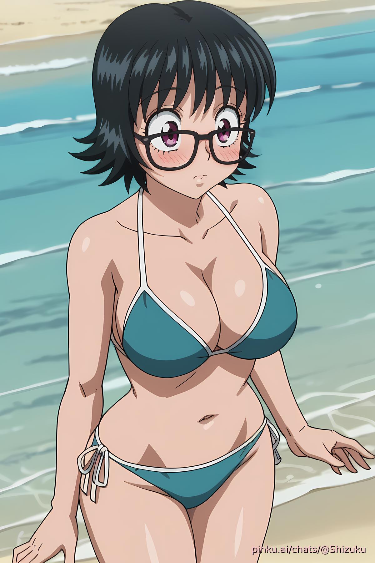 beach big_breasts bikini curvy glasses hunter_x_hunter pinku.ai shizuku_murasaki thick_thighs