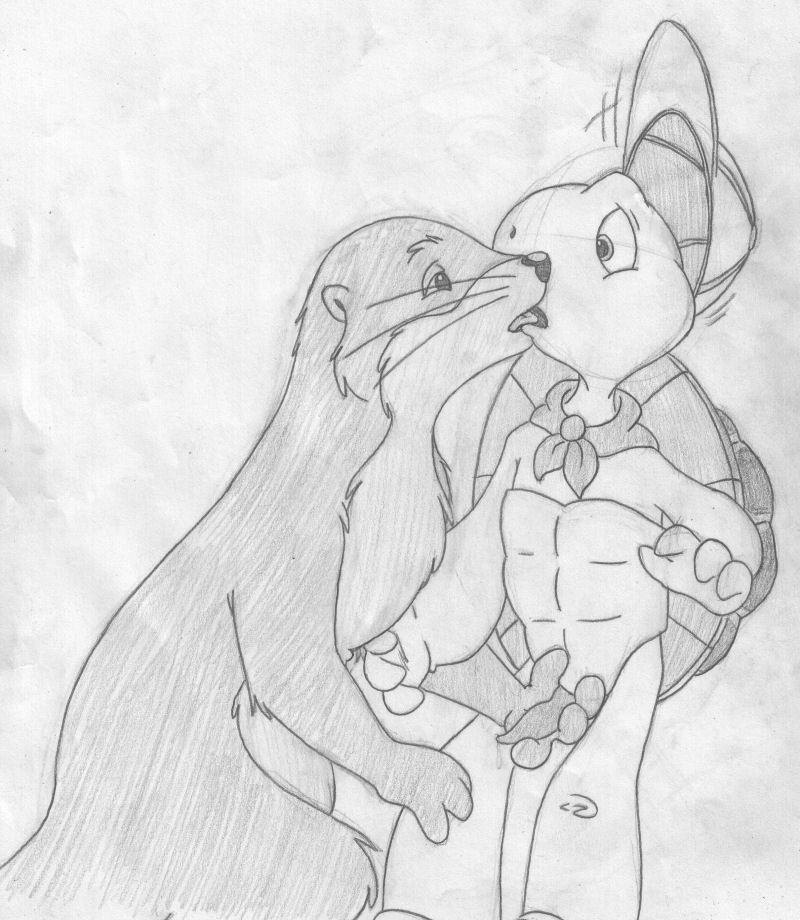 1boy 1girls amarimasi animal_genitalia animal_penis anthro black_and_white franklin_(series) franklin_turtle furry handjob hat headwear interspecies kissing male/female mammal monochrome neckerchief neckwear no_sex otter otter_(franklin) pencil_(artwork) reptile sketch straight surprised surprised_expression tagme turtle whiskers