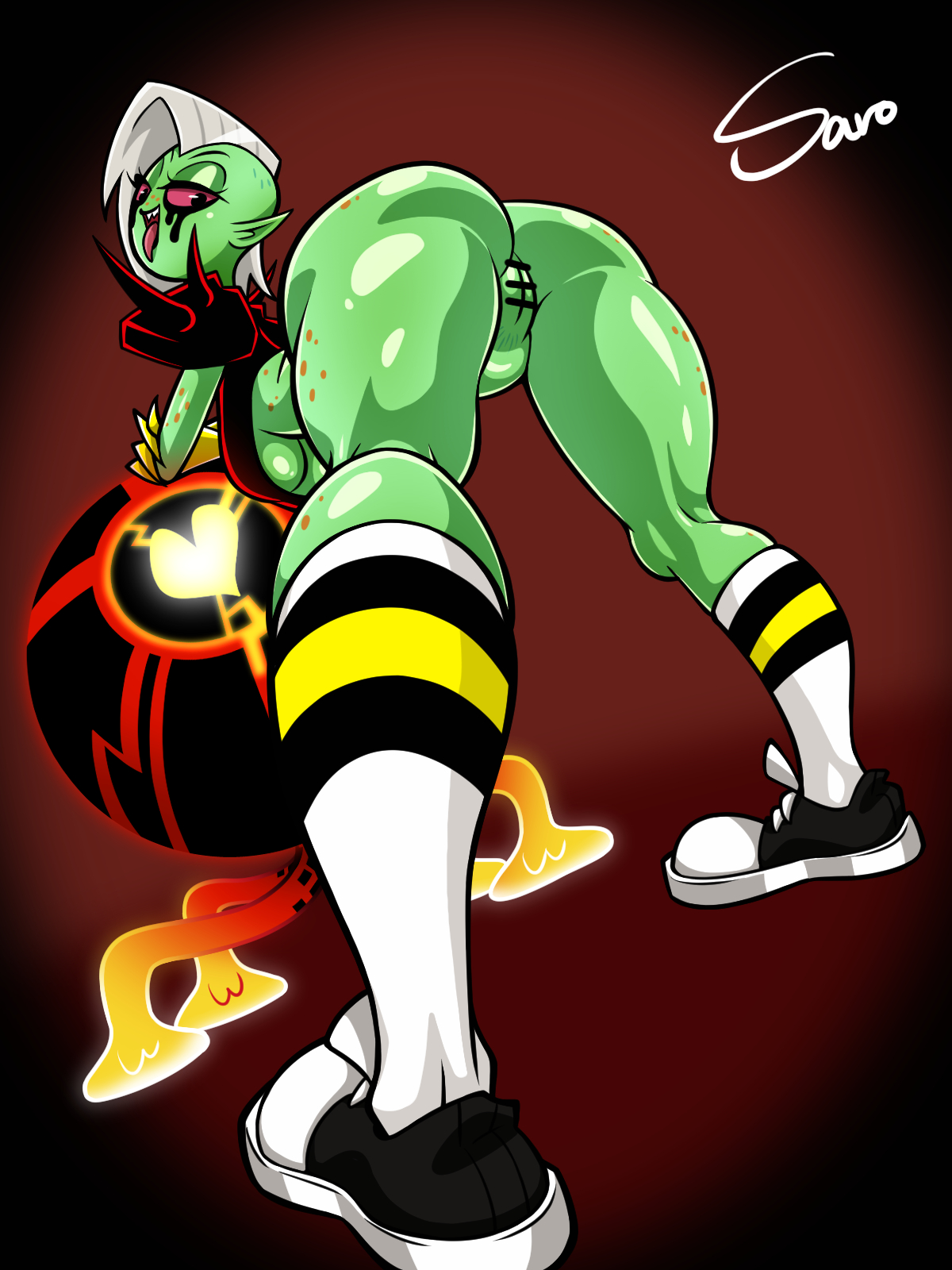1girls, ass, ass focus, bare arms, bare legs, bare shoulders, bare thighs, big ass, big breasts, big butt, blush, breasts, clothed, clothing, color, female, female focus, female only, green body, green skin, hi res, large breasts, light skin, light-skinned female, lord dominator, pussy, saro, short hair, socks, solo, solo female, tagme, thick thighs, wander over yonder, white hair