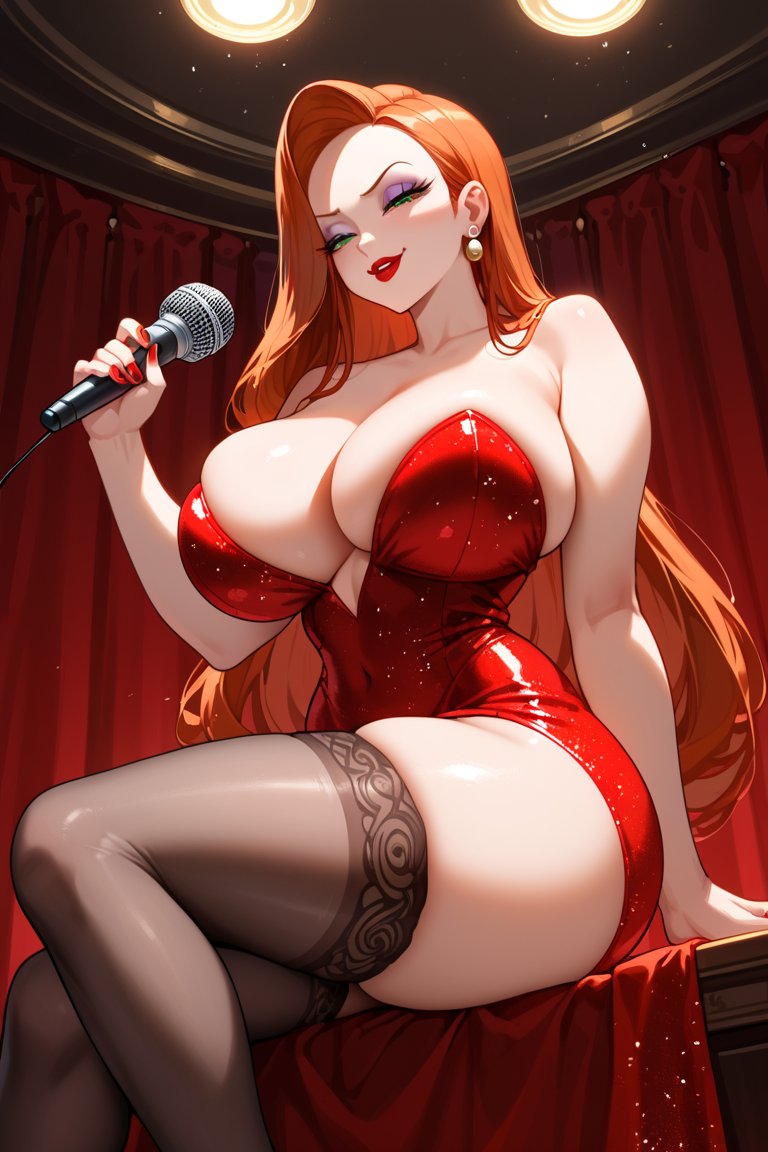 ai_generated bare_thighs burneri disney gigantic_breasts green_eyes hair_between_eyes huge_breasts huge_thighs jessica_rabbit light-skinned_female light_skin long_hair looking_down low-angle_view massive_breasts mature_female milf red_dress red_hair seductive_eyes seductive_look seductive_smile smiling solo_female squatting stockings sweat sweatdrop thick_body thick_female thick_thighs thighs voluptuous voluptuous_female who_framed_roger_rabbit