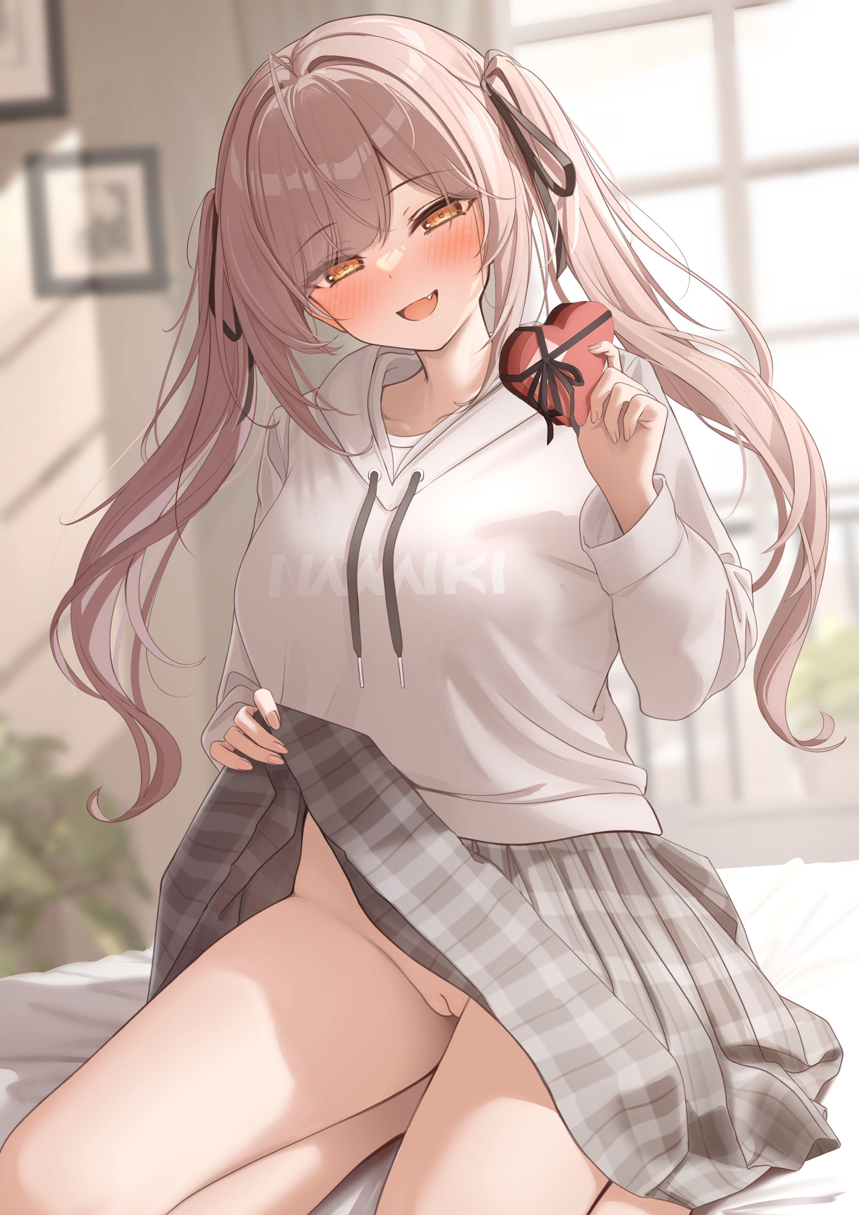 amber eyes, brown hair, female, imouto-chan (monaka curl), monaka curl, no panties, original, pussy, valentine's day