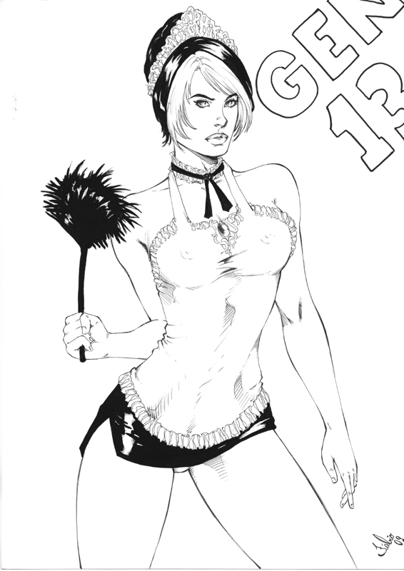 1girls 2009 dc dc_comics fabio female female_only freefall_(gen¹³) gen¹³ maid maid_outfit monochrome solo tagme wildstorm