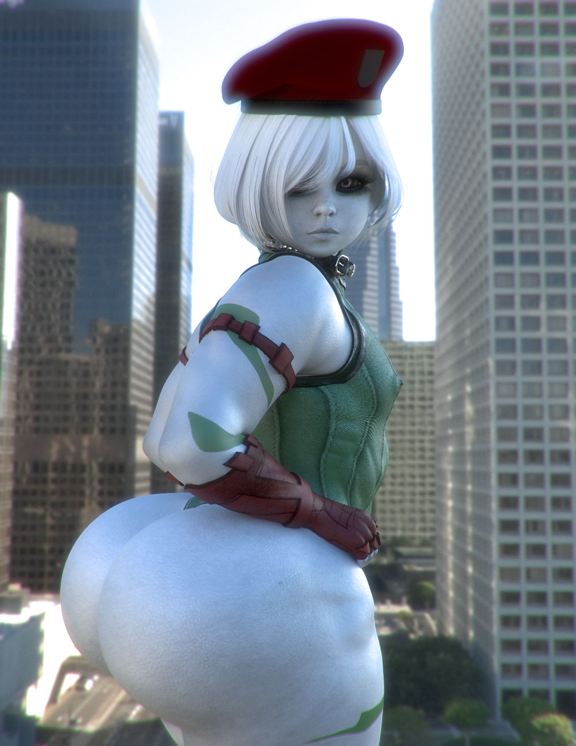 big_ass black_eyes cammy_white_(cosplay) collar cosplay green_leotard leotard nipples_visible_through_clothing rivaliant round_ass short_hair thick_ass thick_body thick_butt thong_leotard tight_clothing visible_nipples white_hair white_silk white_skin