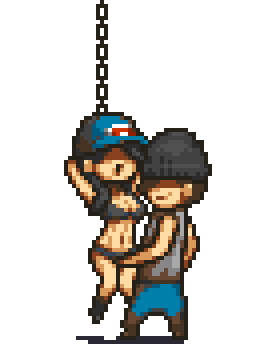 1boy 1boy1girl 1girls arms_behind_head beanie bionice blue_cap bra cap chained chained_up chains crotch_rub dead_ahead gray_bra no_background pixel_(artwork) pixel_art polina_(dead_ahead) pussy_rubbing rubbing_pussy smiling