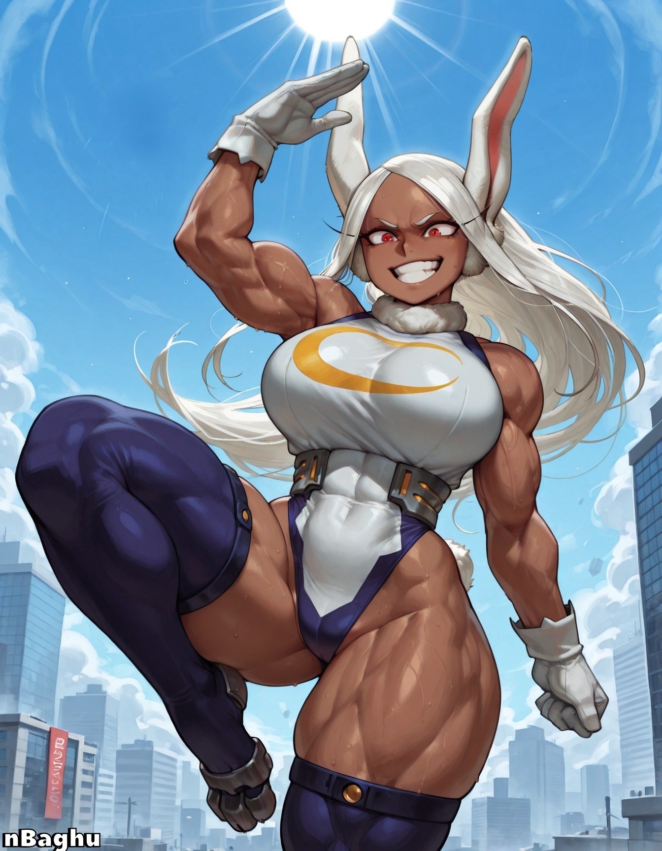 1girls, ai generated, biceps, boku no hero academia, breasts, bunny ears, bunny girl, bunny tail, curvy, dark skin, dark-skinned female, eyelashes, female, grin, highres, large breasts, leg up, leotard, miruko, muscular, muscular female, my hero academia, nbaghu, red eyes, rumi usagiyama, shiny skin, solo female, thick thighs, thighhighs, white hair