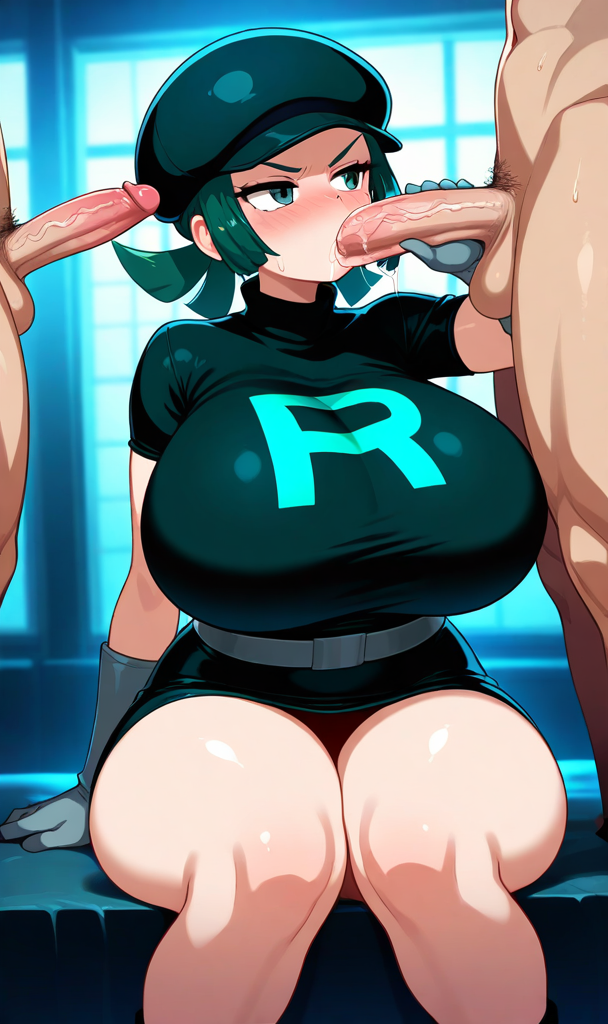 2boys ai_generated angry blowjob female green_hair huge_breasts penis pokemon team_rainbow_rocket_grunt_(female) teamrocktgrl thick_thighs wide_hips