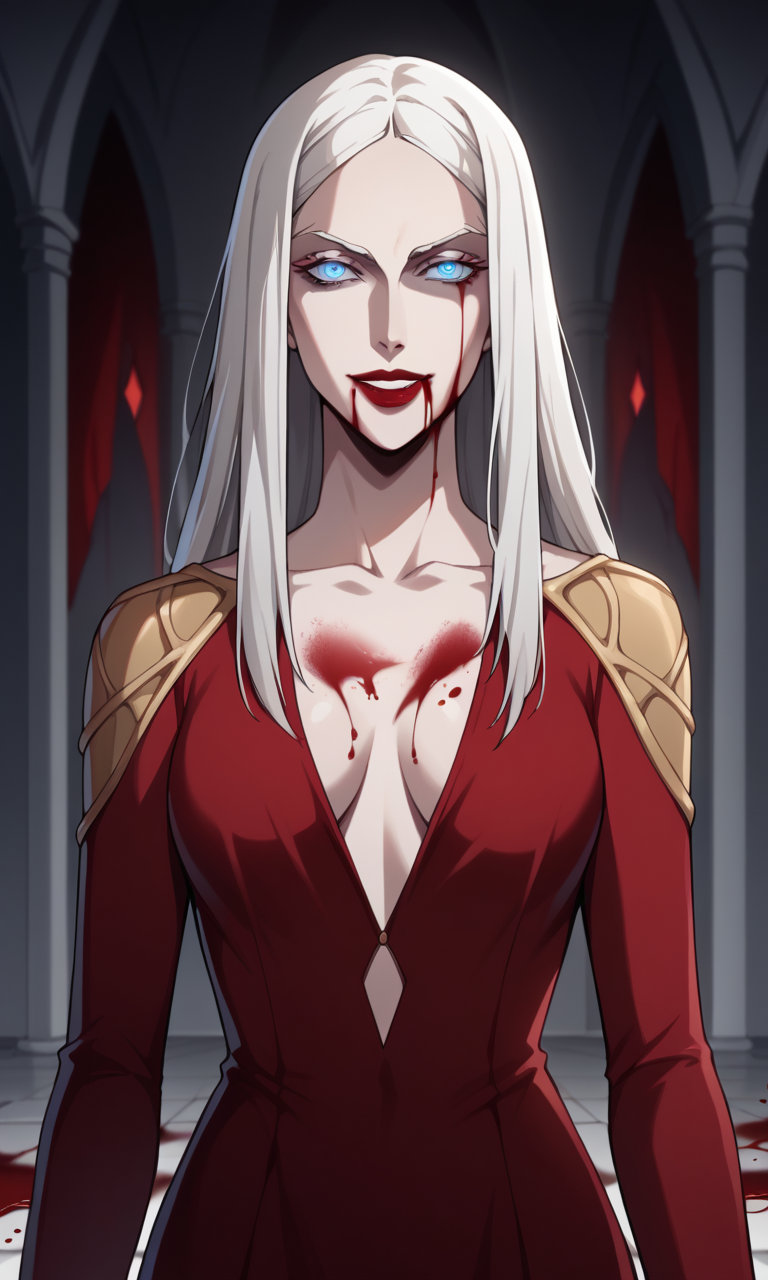 1girls ai_generated bigmic145 blood breasts carmilla_(castlevania) castlevania castlevania_(netflix) cleavage horror lips long_hair medium_breasts red_dress vampire white_hair yandere