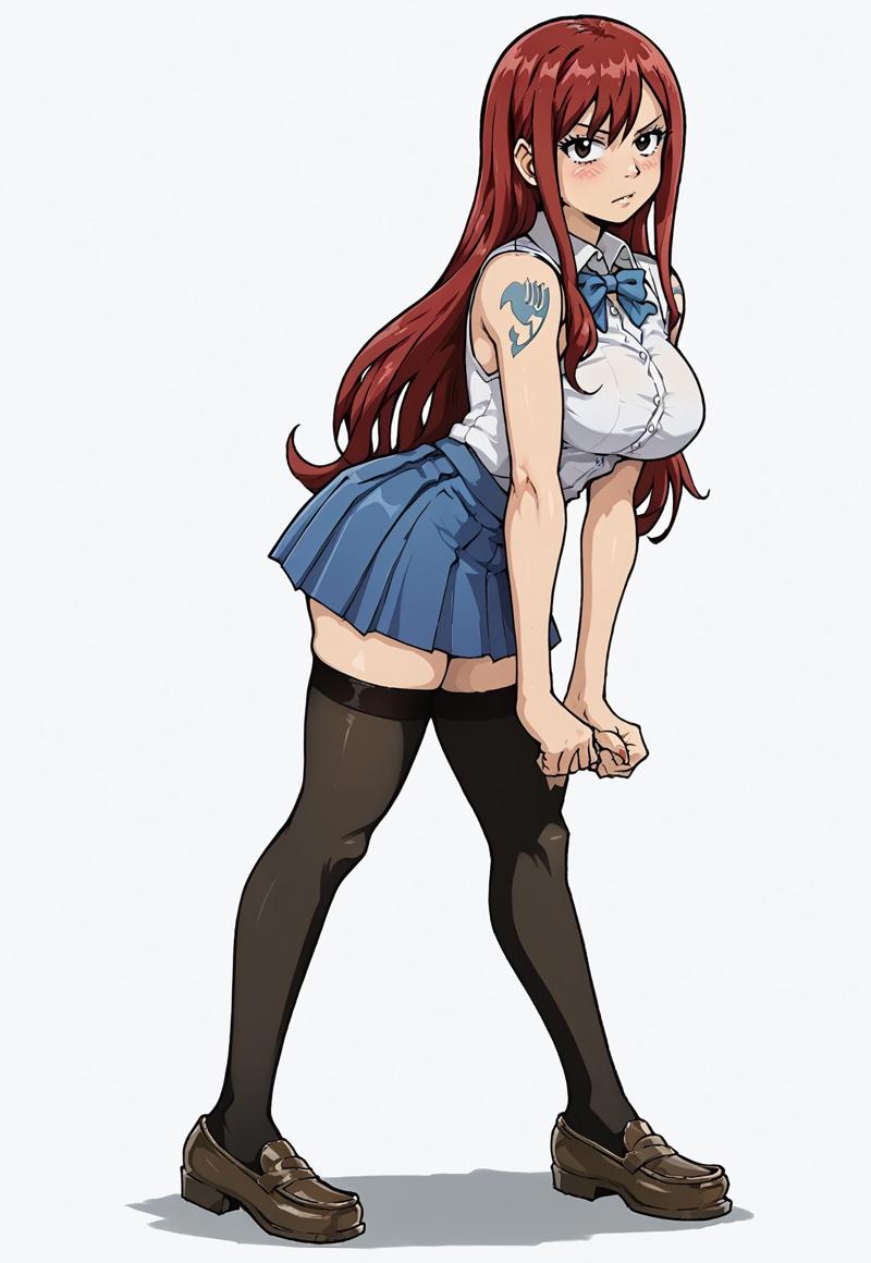 ai_generated akabur_style bowtie clothed clothing echodantalian erza_scarlet fairy_tail girl loafers miniskirt red_hair shirt tights