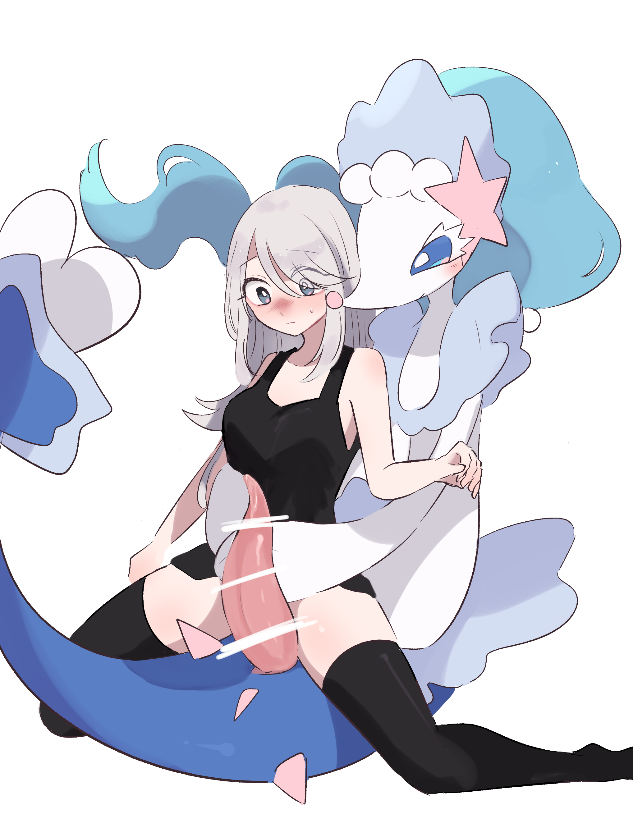 1boy, 1girls, absurd res, animal genitalia, animal penis, anthro, arms around waist, big penis, black tank top, black thighhighs, blue eyes, blue hair, blush, bodily fluids, censored, clothed, clothing, duo, female, femboy, femsub, fully clothed, genital fluids, genitals, girly, grey hair, hand on stomach, hi res, holding waist, human, human on anthro, imminent sex, ineffective censorship, interspecies, larger anthro, larger male, looking at another, looking at genitalia, looking at partner, looking at penis, male, male pokemon, male pokemon/female human, male primarina, maledom, mammal, momikumo (artist), nintendo, nude, on lap, penis, pokémon (species), pokemon, pokemon (species), pokephilia, precum, primarina, size difference, slit, smaller female, smaller human, straddling, straight, tank top, tapering penis, thighhighs, video games, waist grab