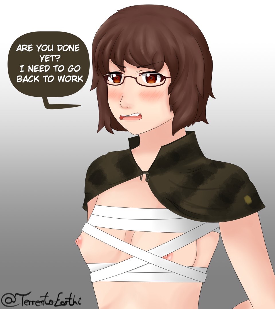 annoyed breasts brown_hair cape colonial_infantry female_only foxhole:_persistant_online_warfare glasses wrapped