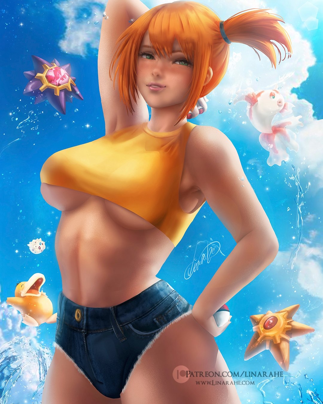 alternate_breast_size big_breasts breasts denim denim_shorts goldeen huge_breasts kasumi_(pokemon) large_breasts legs linarahe orange_hair pokemon pokemon_rgby psyduck red_hair shirt short_hair shorts starmie staryu tank_top togepi underboob yellow_shirt