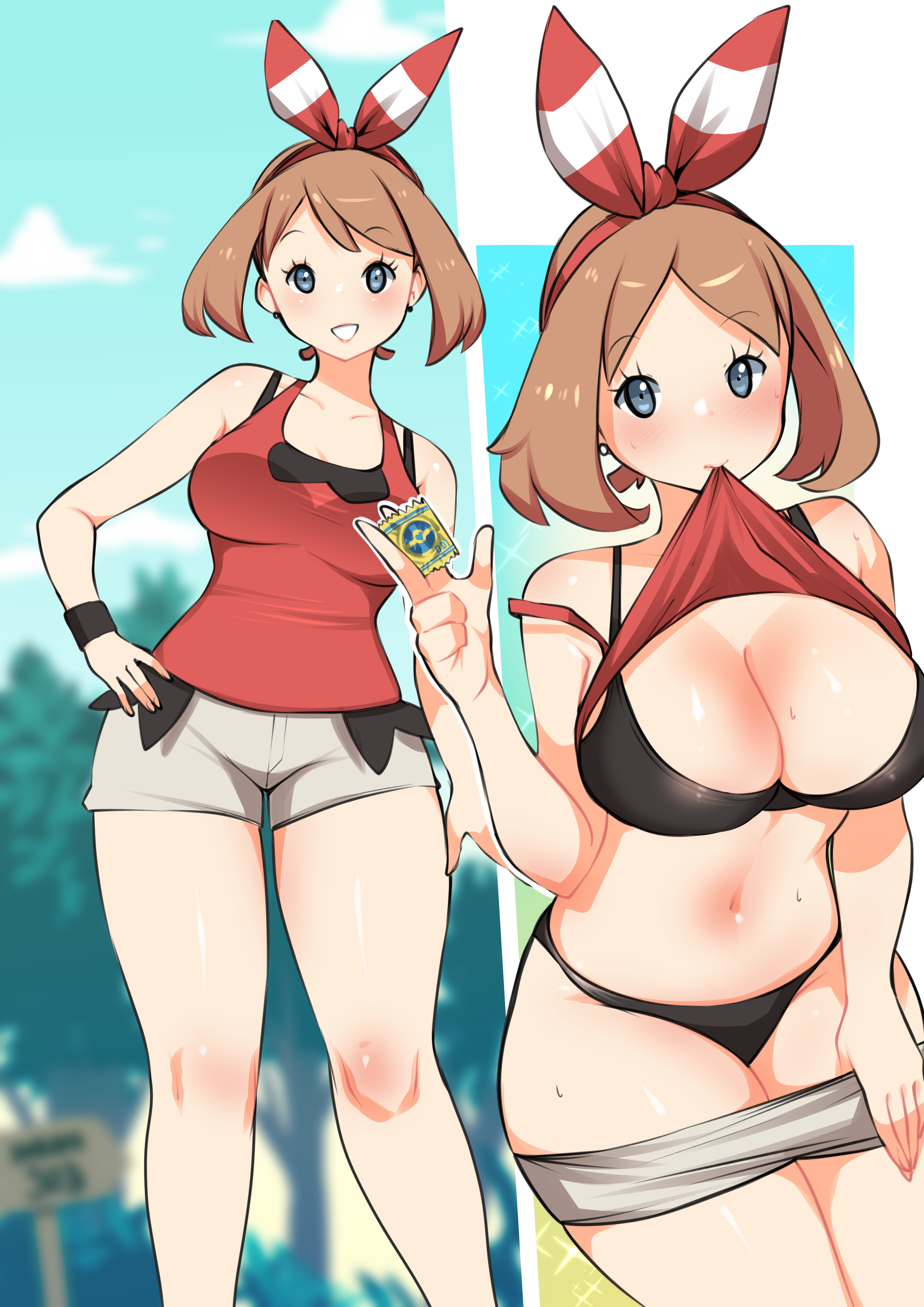 1girls, 2021, 2d, alternate body type, alternate breast size, bandana, black bra, black panties, blue eyes, blush, bra, breasts, brown hair, bunny ears headband, condom, fair skin, fair-skinned female, female, female focus, female only, hand on hip, headband, hi res, hips, holding object, kenron toqueen, large breasts, light skin, light-skinned female, looking at viewer, may (pokemon oras), may (pokemon), medium hair, naughty face, nintendo, octoosr, outdoors, panties, pants down, pokemon, pokemon oras, pokemon rse, presenting, red ribbon, red tank top, ribbon, ribbon in hair, shirt in mouth, shirt lift, shirt up, short shorts, shorts, shorts down, shorts pull, slim waist, smile, solo, solo female, solo focus, suggestive look, tank top lift, teasing, thick thighs, thighs, top lift, underwear, white border, white shorts, wide hips