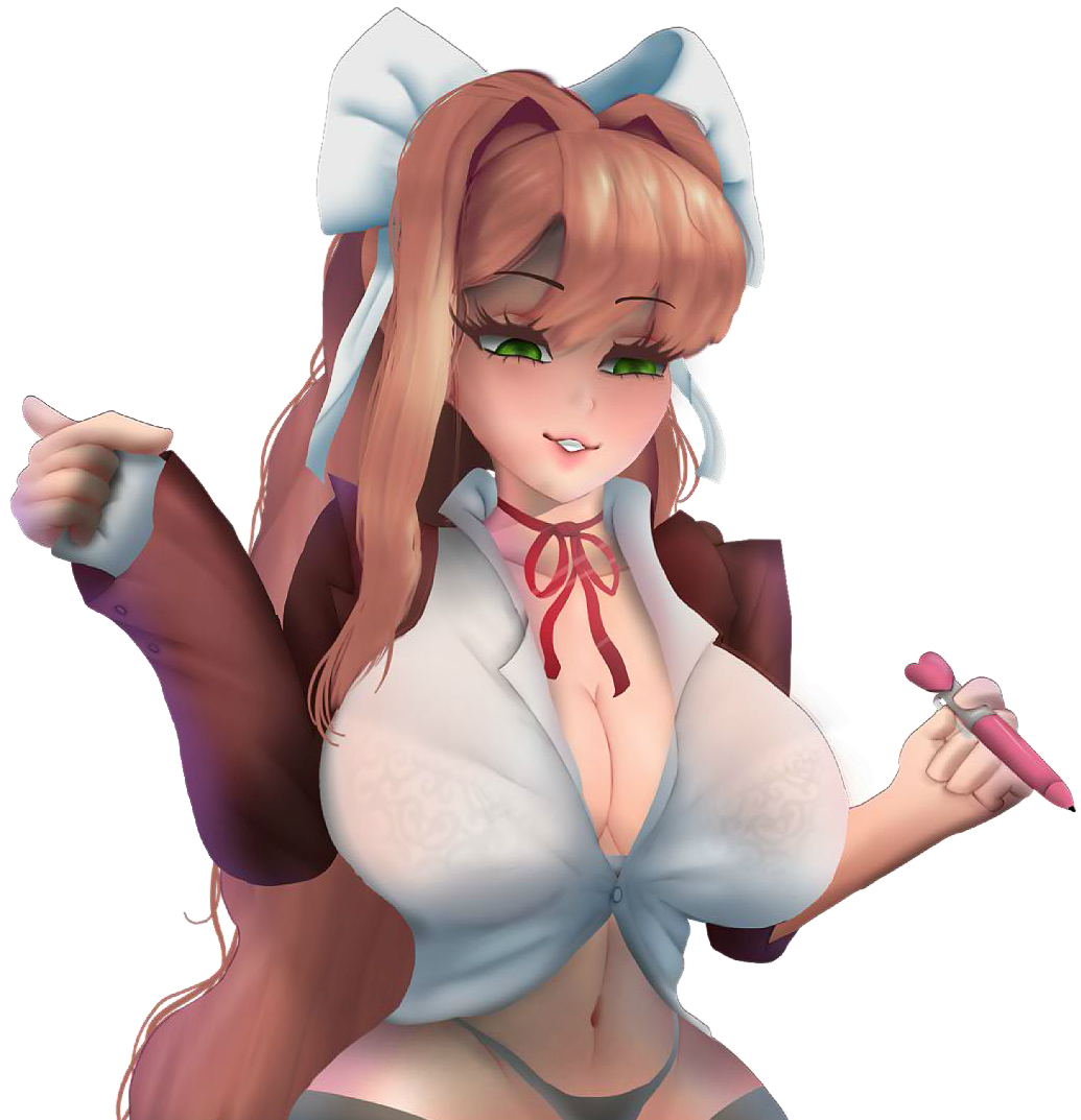 big_breasts brown_hair doki_doki_literature_club green_eyes heart heart_pen hourglass_figure huge_breasts midriff monika_(doki_doki_literature_club) pen seductive seductive_eyes see-through see-through_clothing tagme thighhighs thong white_bow