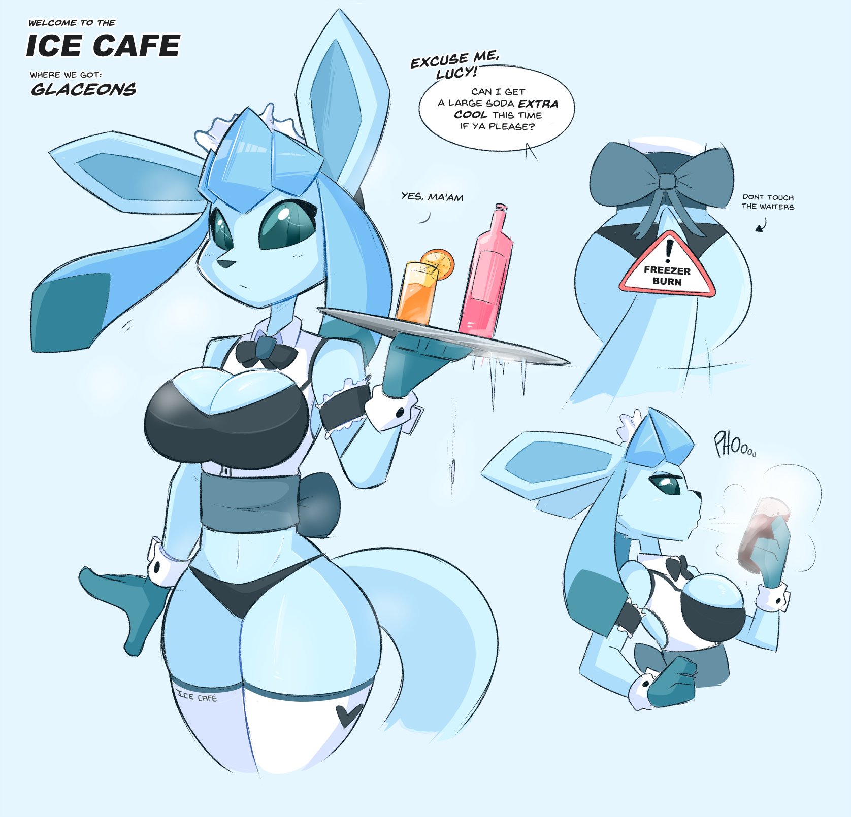 1girls, anthro, ass, blue theme, breasts, clothed, clothing, eeveelution, english text, female, female focus, female only, glaceon, humanoid, kilinah, lucy (kilinah), partially clothed, pokémon (species), pokemon, pokemon (species), solo female, speech bubble, standing, text, thick thighs, waitress, wide hips
