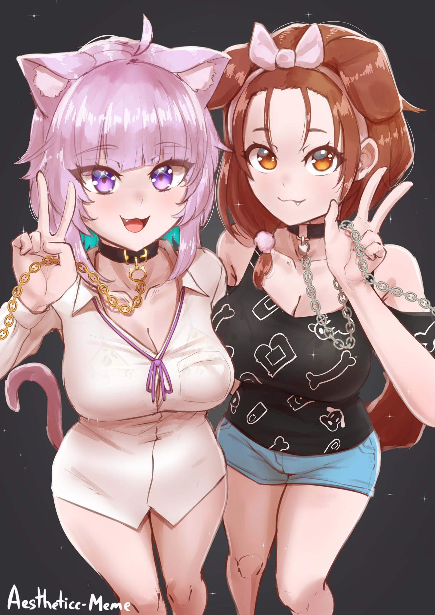 :3, 2girls, aestheticc-meme, ahoge, animal collar, animal ears, animal print, artist name, bangs pinned back, big breasts, black background, blouse, bondage, bone, bow, bra, breasts, brown eyes, brown hair, cat ears, cat girl, cat tail, catgirl, chains, choker, cleavage, collar, collarbone, cowboy shot, denim, denim shorts, dog ears, dog girl, dog tail, dress shirt, eyebrows visible through hair, eyelashes, eyeliner, eyes visible through hair, fang, fangs, female, female only, femsub, gold chain, hair ornament, hairbow, hazel eyes, highres, holding, holding chain, hololive, hololive gamers, hololive japan, inugami korone, kemonomimi, knees, large breasts, leopard print, long hair, looking at viewer, low-tied long hair, makeup, medium breasts, multiple females, multiple girls, multiple subs, nekomata okayu, nekomata okayu (oversized shirt), purple eyes, purple hair, see-through, see-through clothing, shirt, short shorts, shorts, slave, slave collar, smile, starry background, tail, tank top, thighs, underwear, virtual youtuber, wide hips
