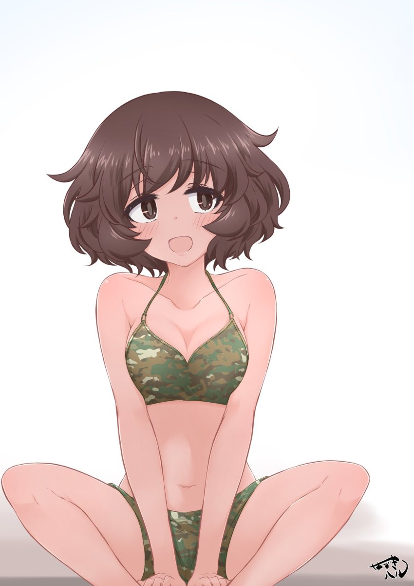 1girls akiyama_yukari bikini blush breasts brown_eyes brown_hair camouflage camouflage_bikini collarbone eyebrows_visible_through_hair female female_only girls_und_panzer hazuki_haru highres looking_at_viewer medium_breasts navel open_mouth short_hair signature smile solo swimsuit