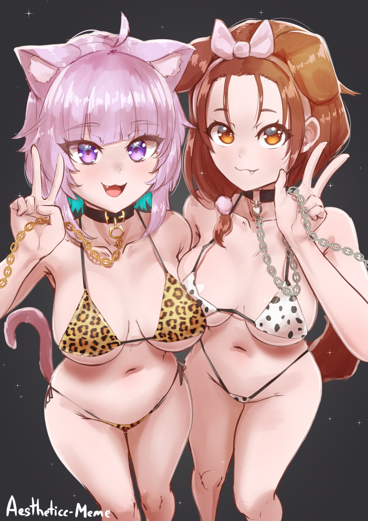 :3, 2girls, aestheticc-meme, ahoge, animal collar, animal ears, animal print, artist name, bangs pinned back, bikini, black background, bone, bow, bra, breasts, brown eyes, brown hair, cat ears, cat girl, cat tail, catgirl, chains, choker, cleavage, collar, collarbone, cowboy shot, cute fang, dog ears, dog girl, dog tail, eyebrows visible through hair, eyelashes, eyes visible through hair, fang, female, gold chain, hair ornament, hairbow, hazel eyes, highres, holding, holding chain, hololive, hololive gamers, hololive japan, inugami korone, kemonomimi, knees, large breasts, leopard print, long hair, looking at viewer, low-tied long hair, medium breasts, multiple females, multiple girls, nekomata okayu, nekomata okayu (oversized shirt), ogyayu (nekomata okayu), purple eyes, purple hair, smile, starry background, tail, thighs, underwear, virtual youtuber