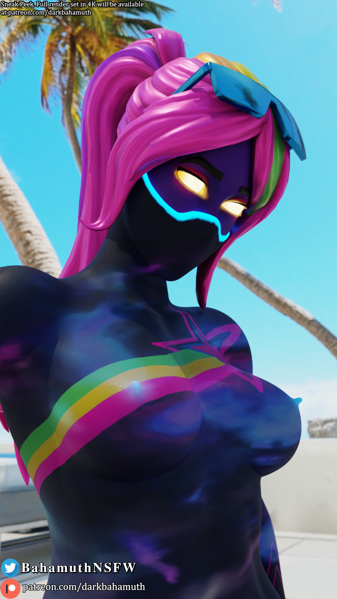 1girls, 3d, breasts, darkbahamuth, eyewear on head, female, female only, fortnite, galaxia (fortnite), solo, sunglasses on head